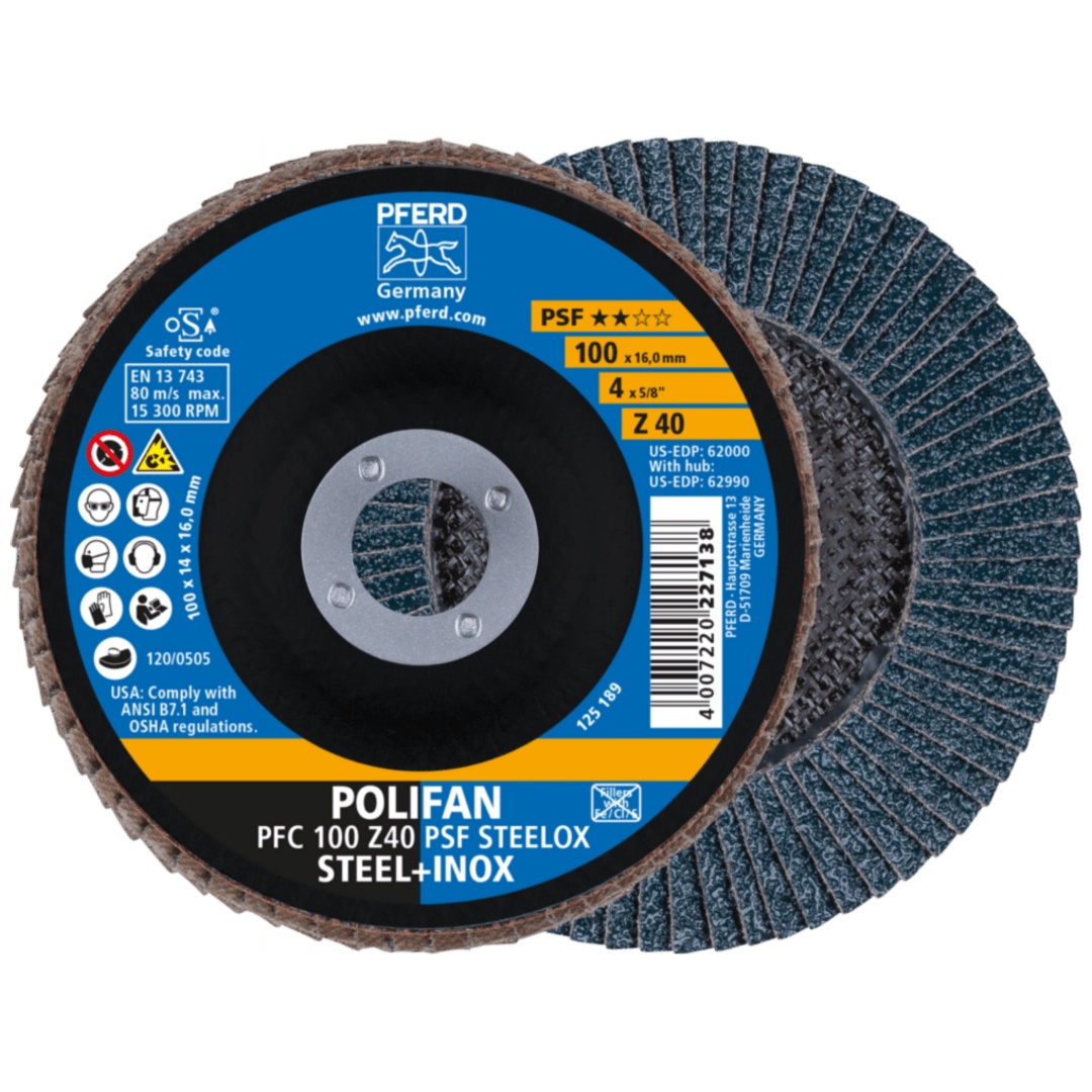 PFERD TOOLS POLIFAN Fächerscheibe PFC 100x16 mm konisch Z40 Universallinie PSF STEELOX Stahl/Edelstahl