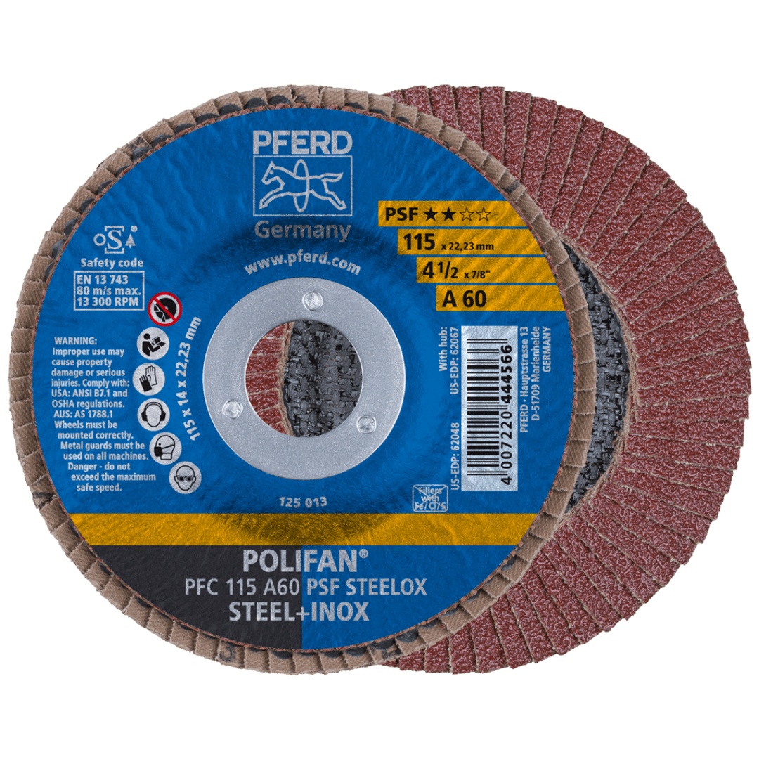 PFERD TOOLS POLIFAN Fächerscheibe PFC 115x22,23 mm konisch A60 Uni.-Linie PSF STEELOX Stahl/Edelstahl