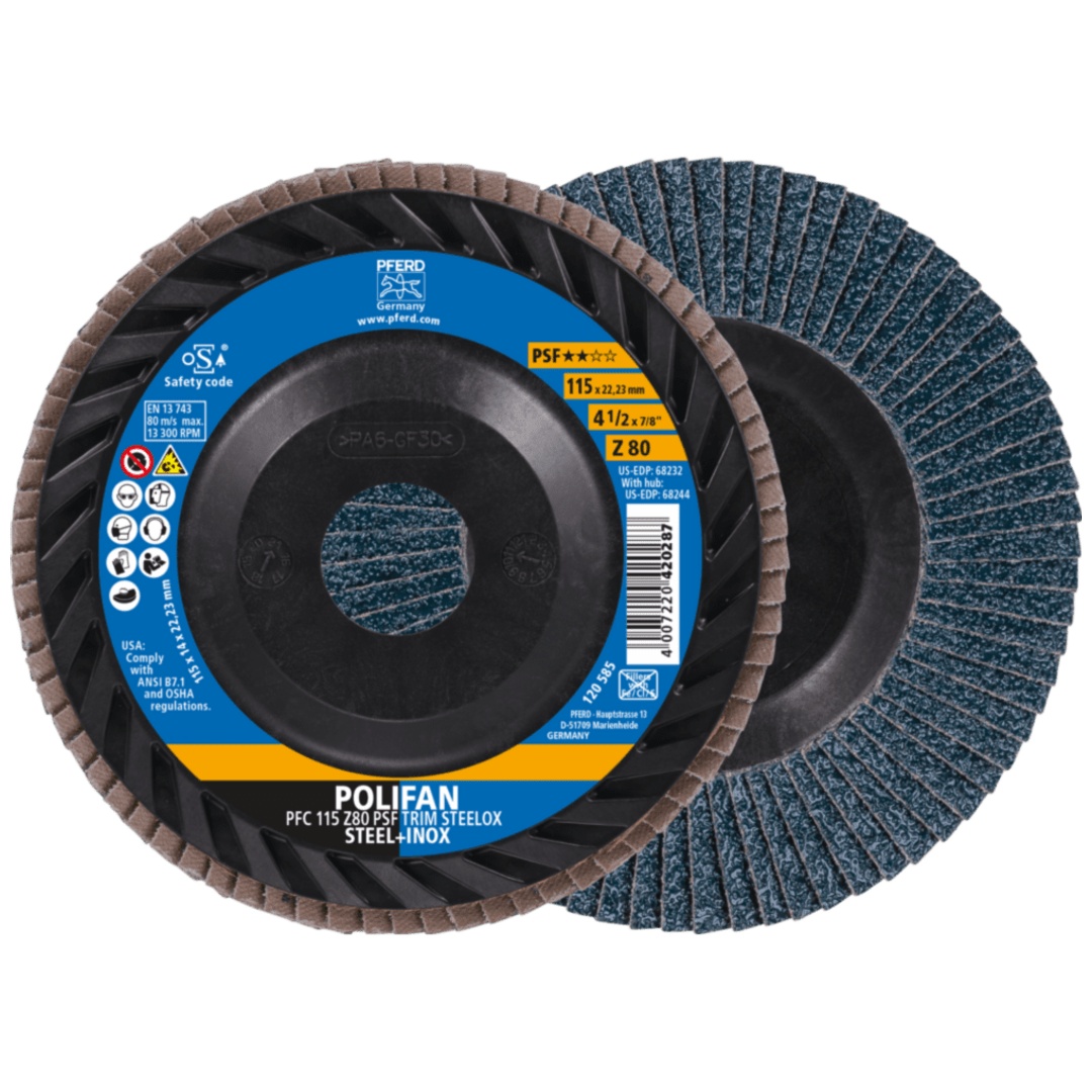 PFERD TOOLS POLIFAN Fächerscheibe PFC 115x22,23 mm konisch Z80 Universallinie PSF TRIM STEELOX für Stahl/Edelstahl