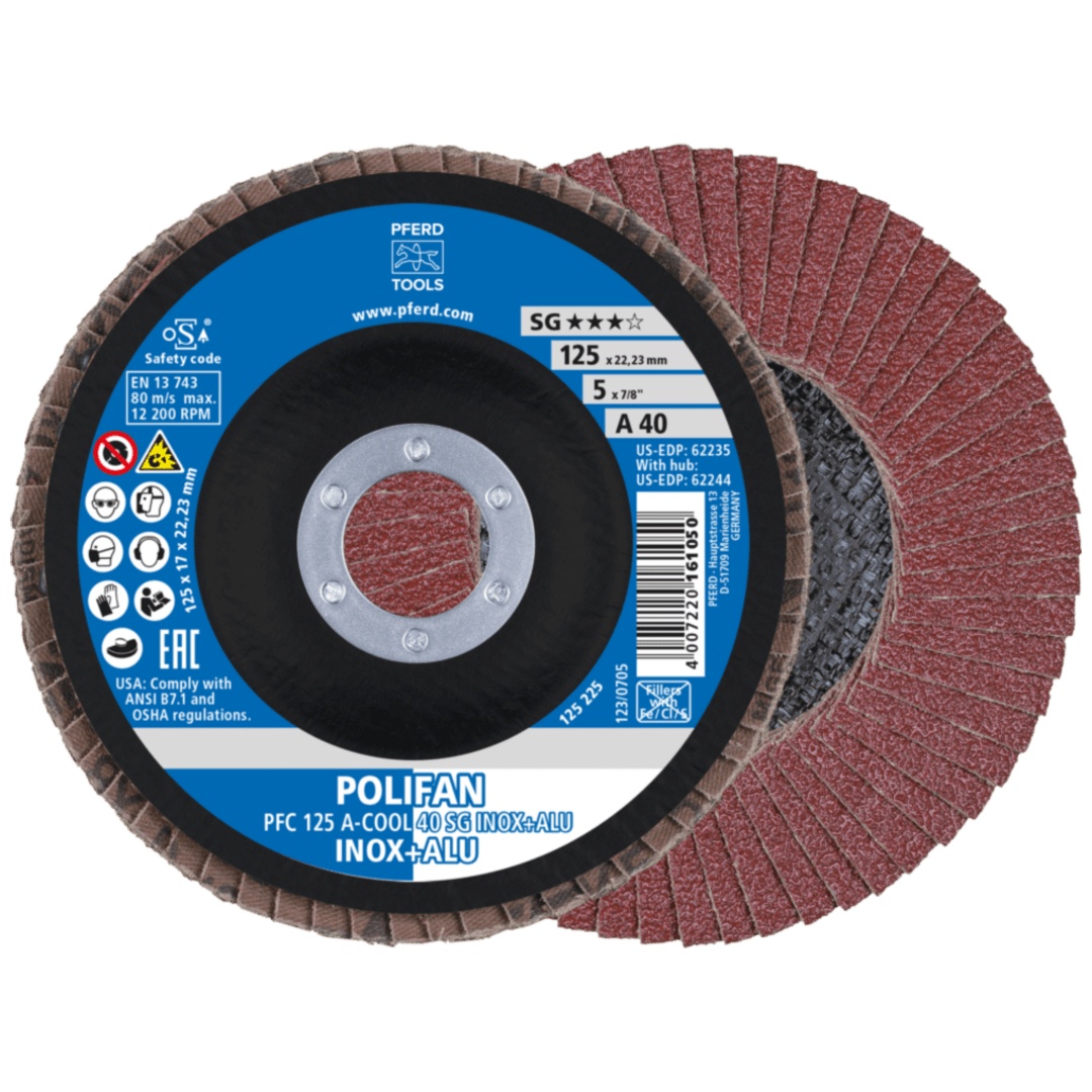 PFERD TOOLS POLIFAN Fächerscheibe PFC 125x22,23 mm konisch A-COOL 40 SG INOX+ALU Edelstahl/Alu