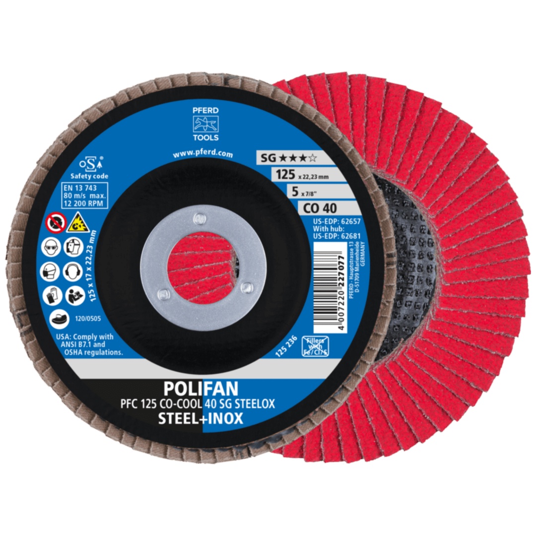 PFERD TOOLS POLIFAN Fächerscheibe PFC 125x22,23 mm konisch CO-COOL 40 SG STEELOX Stahl/Edelstahl