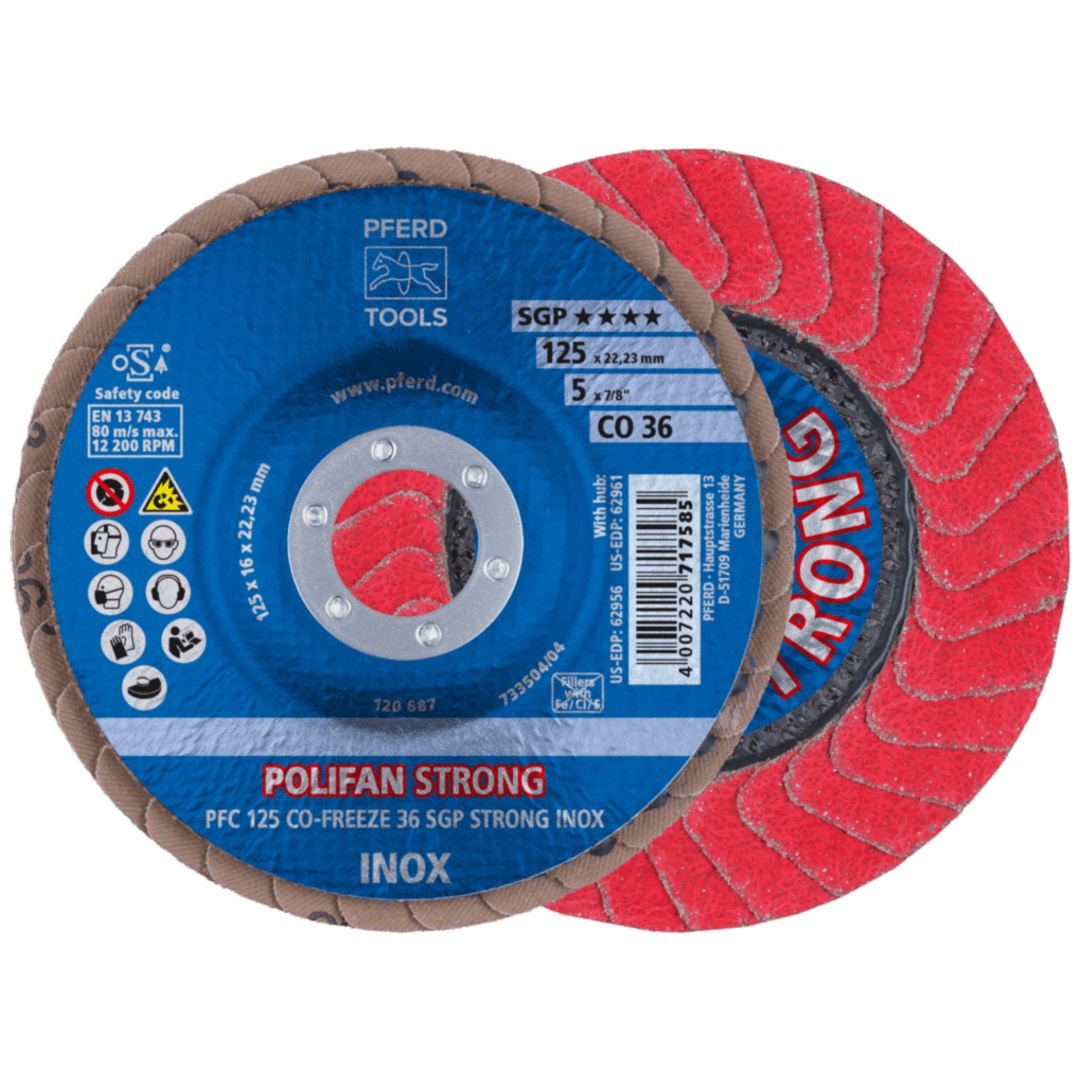 PFERD TOOLS POLIFAN STRONG Fächerscheibe PFC 125x22,23 mm konisch CO-FREEZE 36 SGP INOX für Edelstahl
