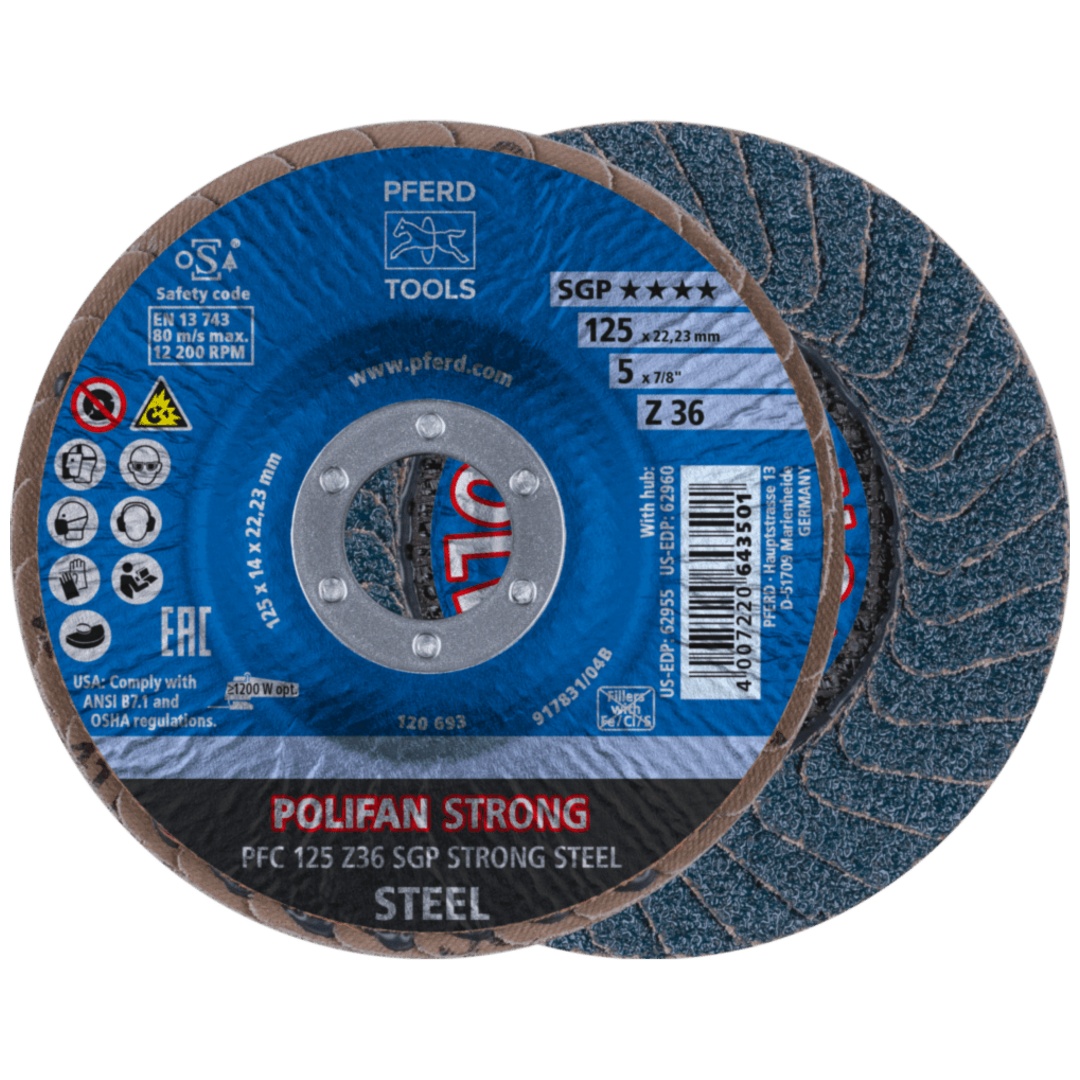 PFERD TOOLS POLIFAN STRONG Fächerscheibe PFC 125x22,23 mm konisch Z36 Speziallinie SGP STEEL für Stahl