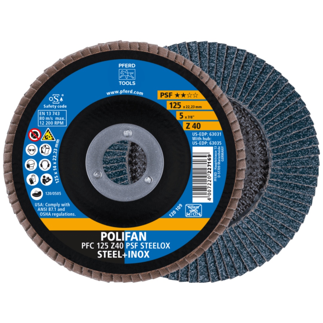 PFERD TOOLS POLIFAN Fächerscheibe PFC 125x22,23 mm konisch Z40 Uni.-Linie PSF STEELOX Stahl/Edelstahl (10)