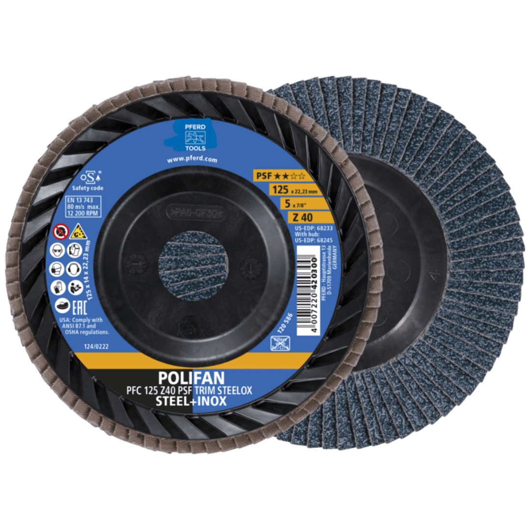 PFERD TOOLS POLIFAN Fächerscheibe PFC 125x22,23 mm konisch Z40 Universallinie PSF TRIM STEELOX für Stahl/Edelstahl