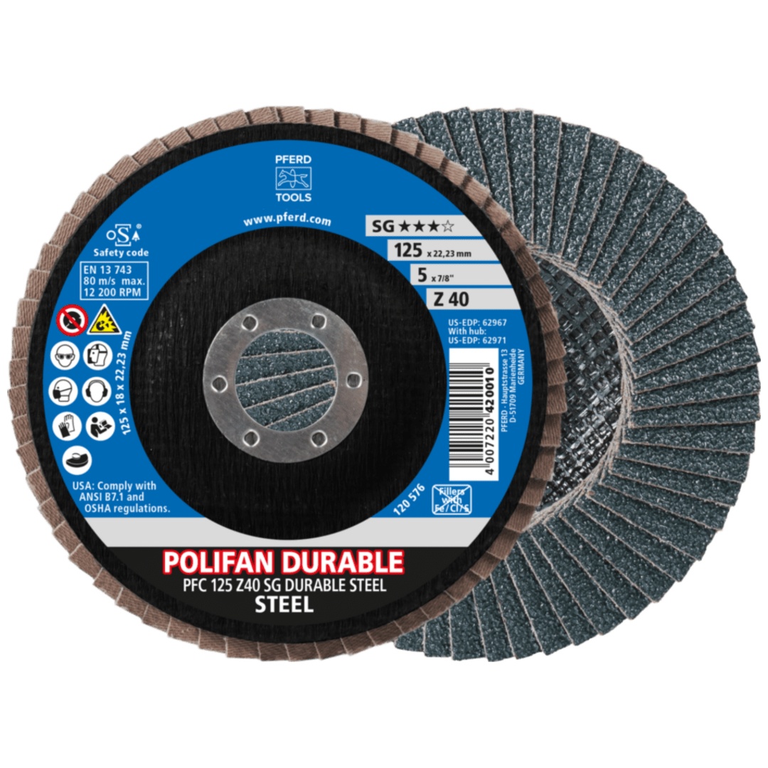 PFERD TOOLS POLIFAN POWER Fächerscheibe PFC 125x22,23 mm konisch Z40 Leistungslinie SG DURABLE STEEL für Stahl