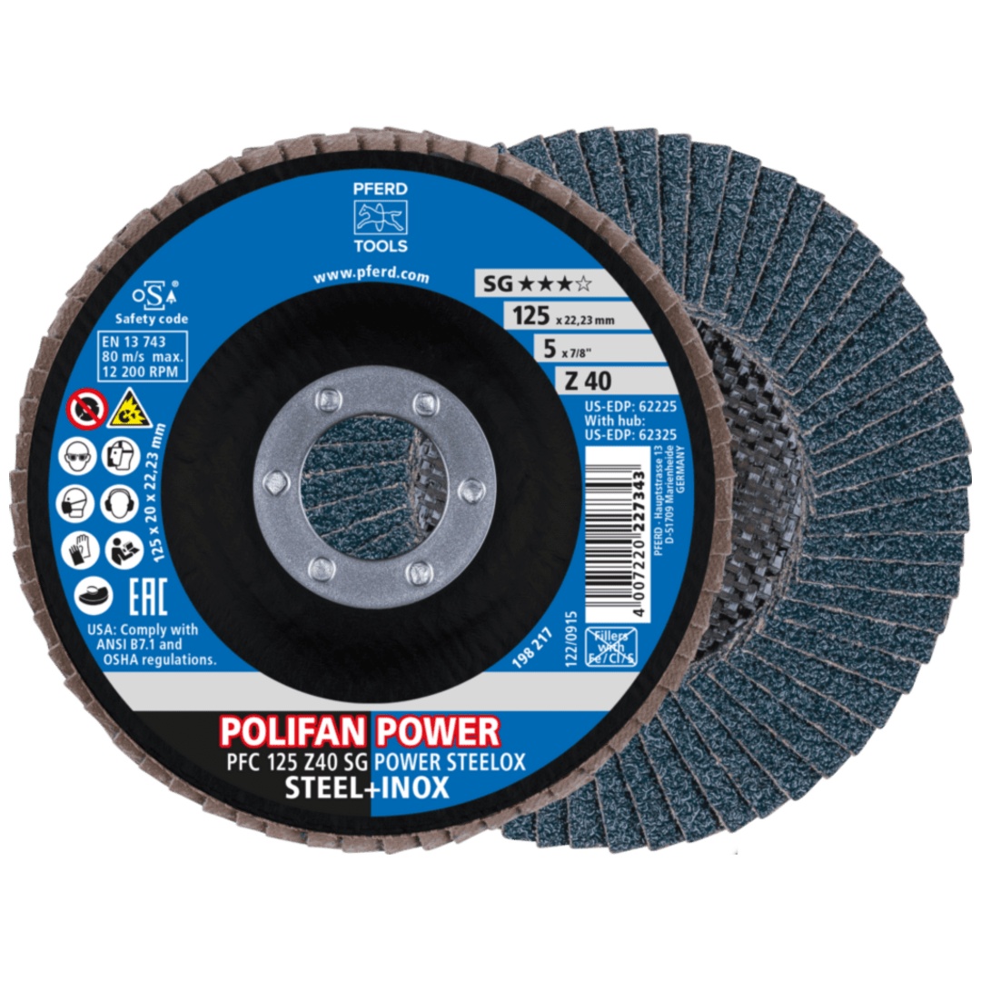 PFERD TOOLS POLIFAN POWER Fächerscheibe PFC 125x22,23 mm konisch Z40 SG STEELOX Stahl/Edelstahl