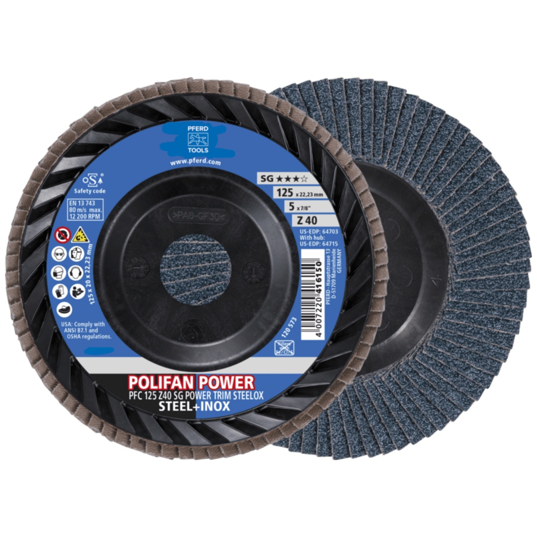 PFERD TOOLS POLIFAN POWER Fächerscheibe PFC 125x22,23 mm konisch Z40 Leistungslinie SG TRIM STEELOX für Stahl/Edelstahl