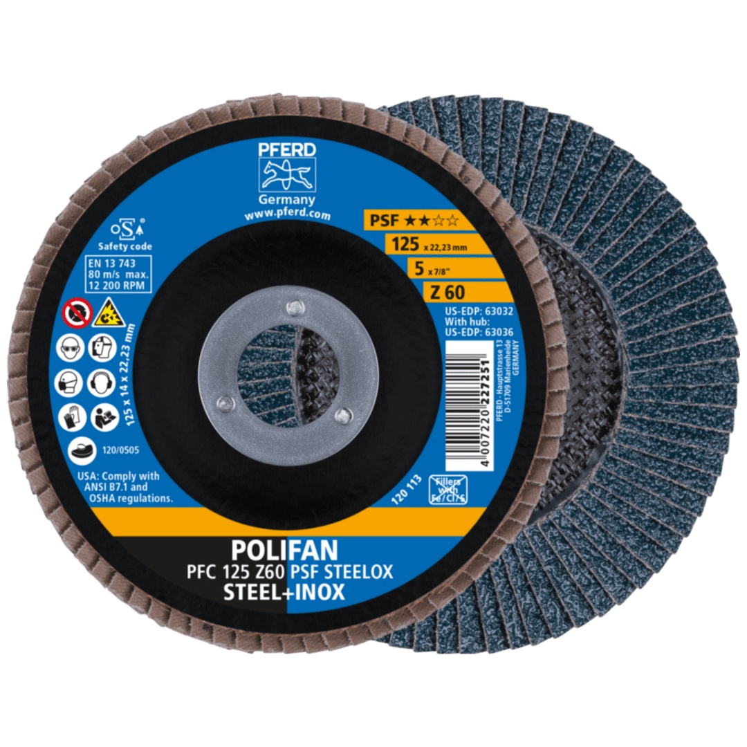 PFERD TOOLS POLIFAN Fächerscheibe PFC 125x22,23 mm konisch Z60 Uni.-Linie PSF STEELOX Stahl/Edelstahl (10)