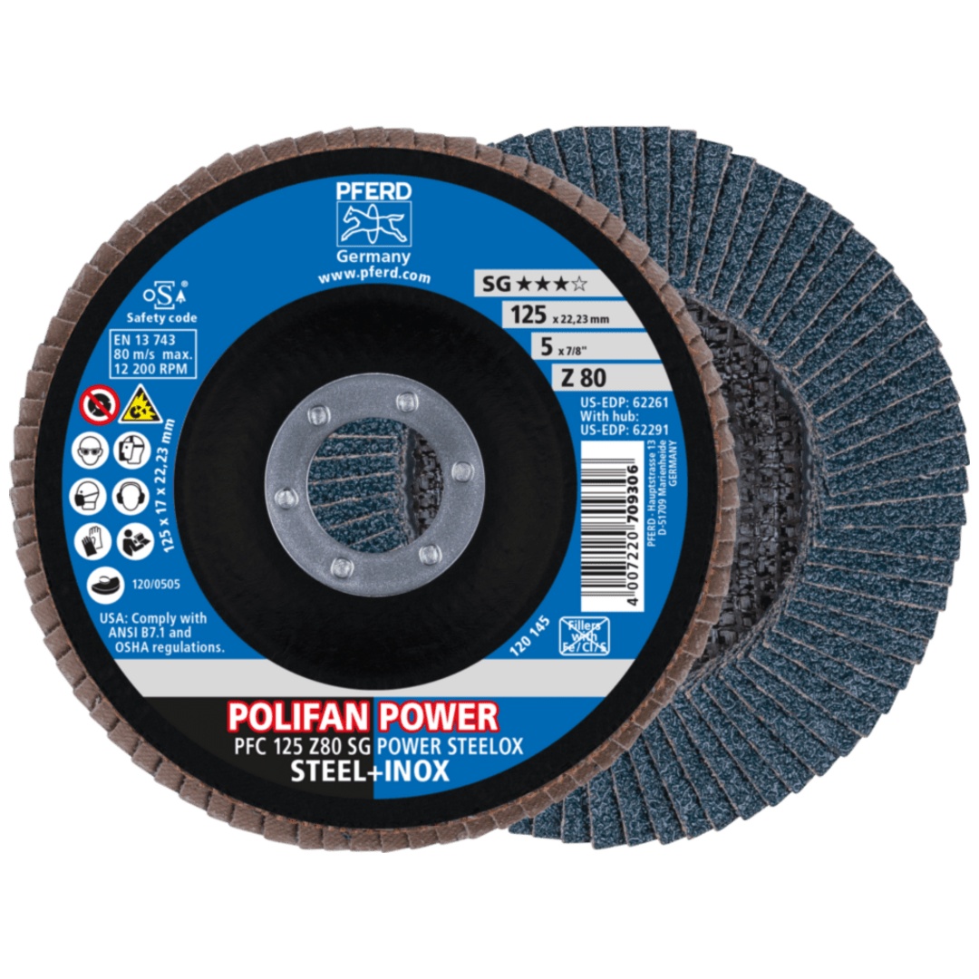 PFERD TOOLS POLIFAN POWER Fächerscheibe PFC 125x22,23 mm konisch Z80 SG STEELOX Stahl/Edelstahl