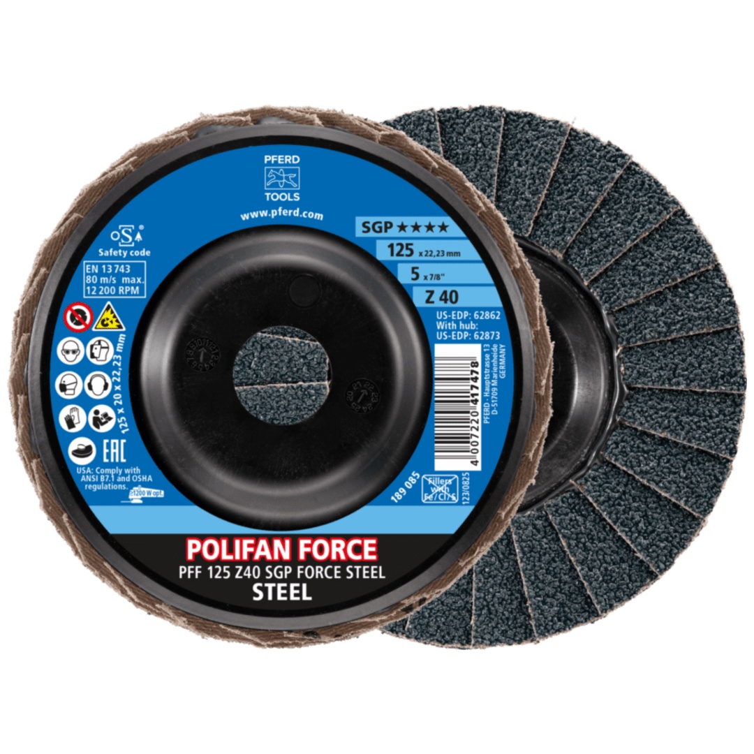 PFERD TOOLS POLIFAN FORCE Fächerscheibe PFF 125x22,23 mm flach Z40 Speziallinie SGP STEEL für Stahl
