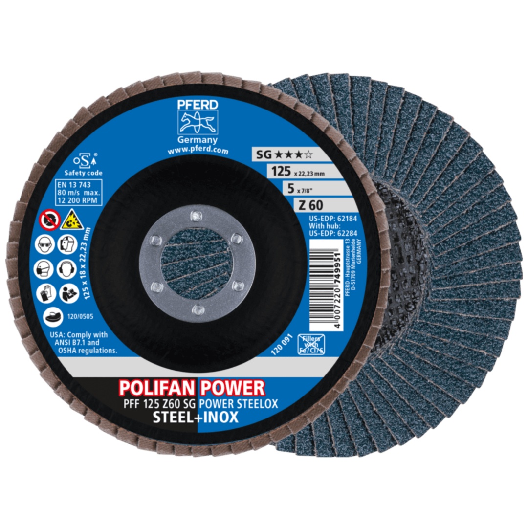 PFERD TOOLS POLIFAN POWER Fächerscheibe PFF 125x22,23 mm flach Z60 Leistungslinie SG POWER STEELOX Stahl/Edelstahl