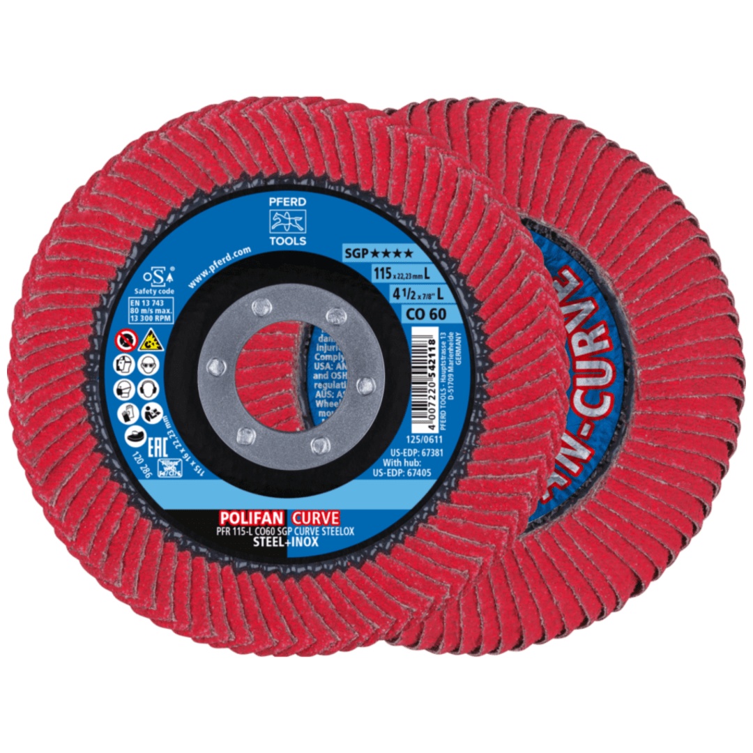 PFERD TOOLS POLIFAN CURVE Fächerscheibe PFR 115x22,23 mm Breite L CO60 SGP STEELOX für Stahl/Edelstahl