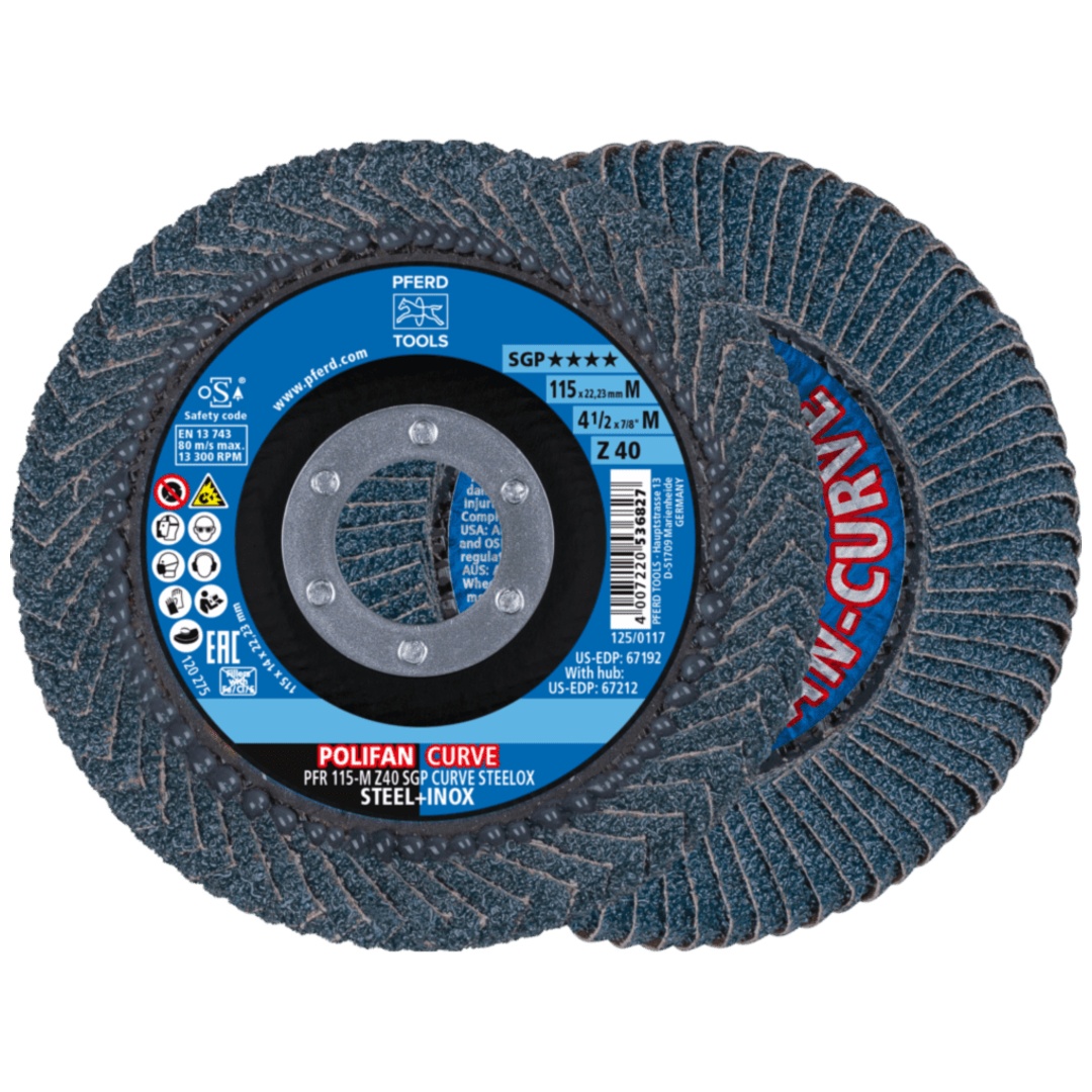 PFERD TOOLS POLIFAN CURVE Fächerscheibe PFR 115x22,23 mm Breite M Z40 SGP STEELOX für Stahl/Edelstahl
