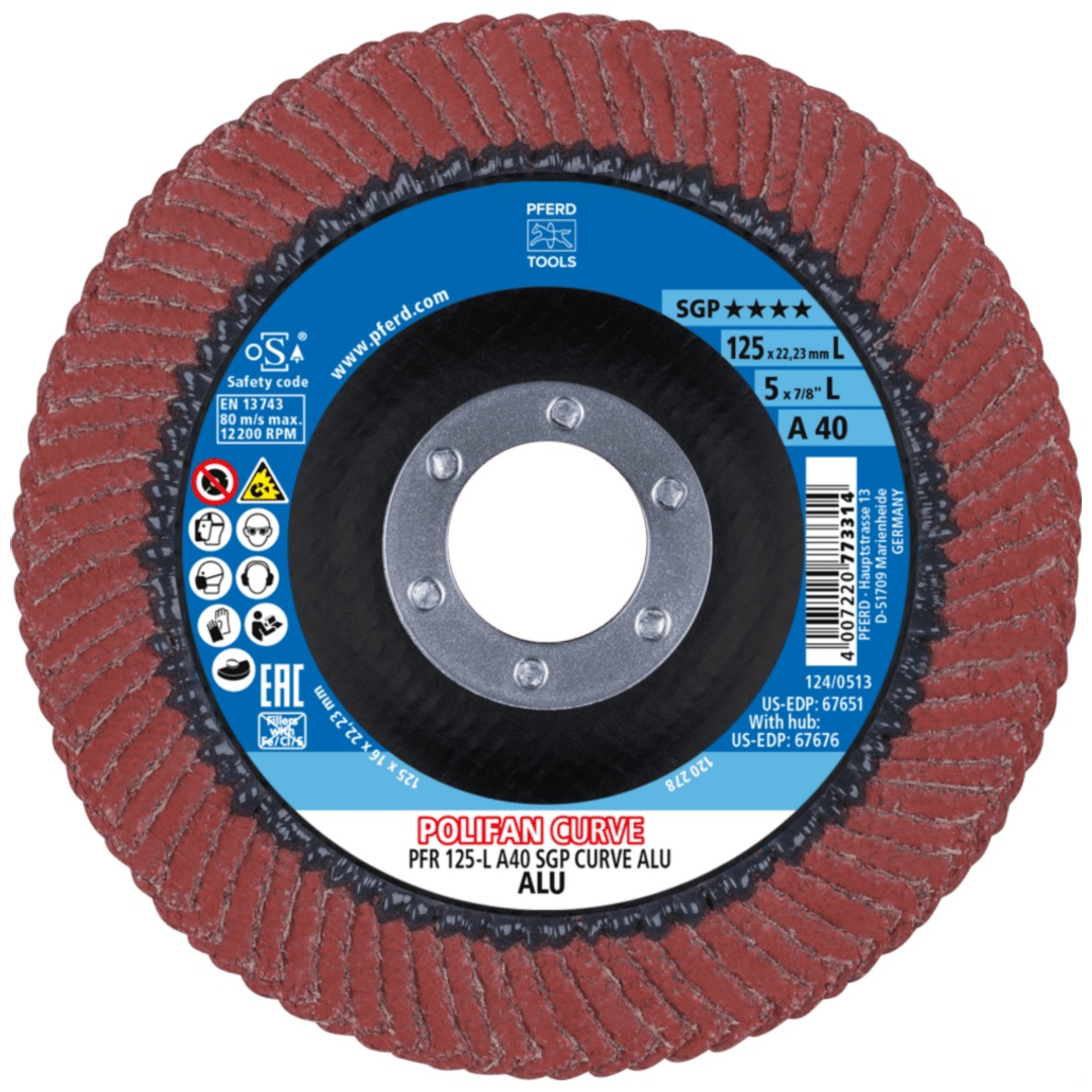 PFERD TOOLS POLIFAN CURVE Fächerscheibe PFR 125x22,23 mm Breite L A40 Speziallinie SGP ALU für Alu