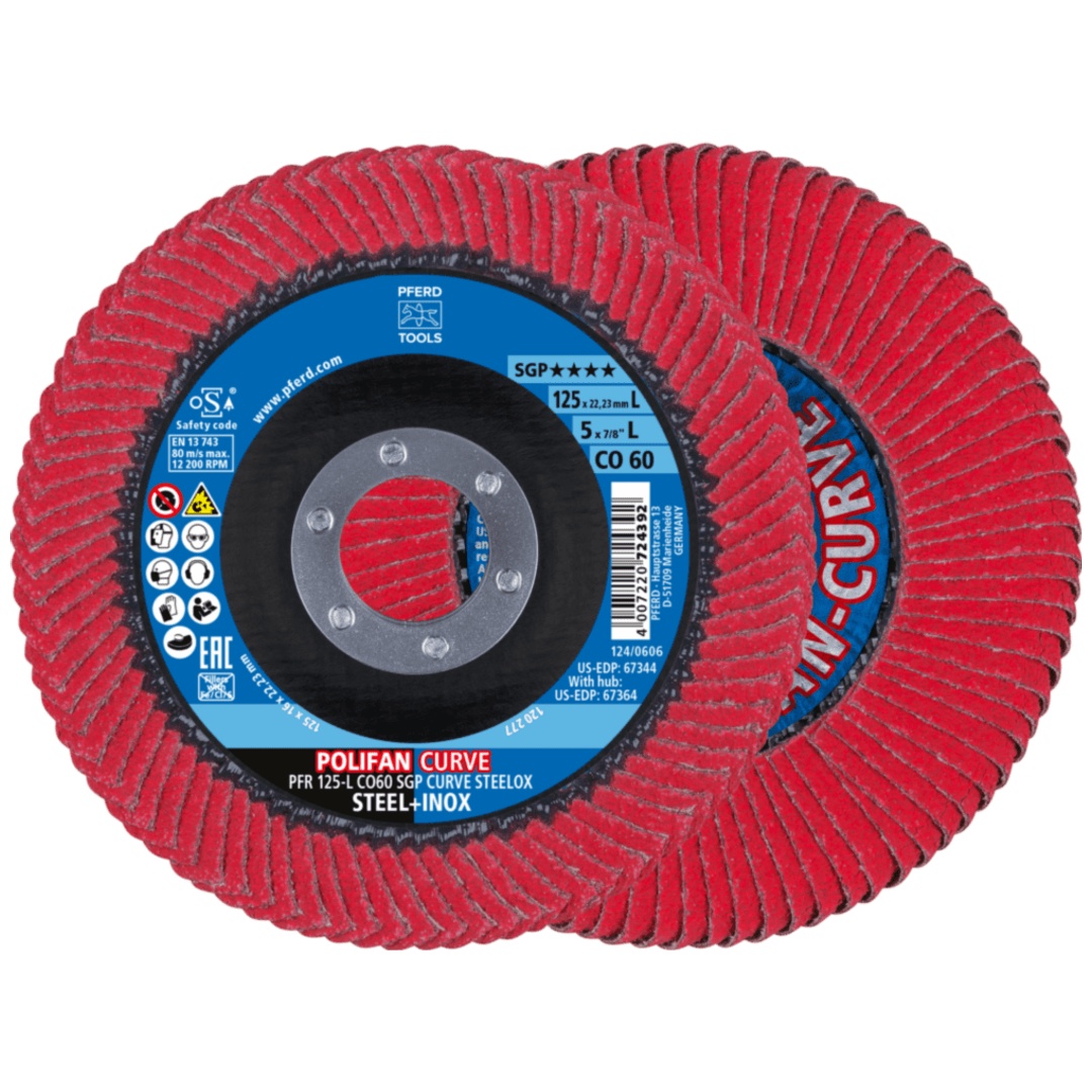 PFERD TOOLS POLIFAN CURVE Fächerscheibe PFR 125x22,23 mm Breite L CO60 SGP STEELOX für Stahl/Edelstahl