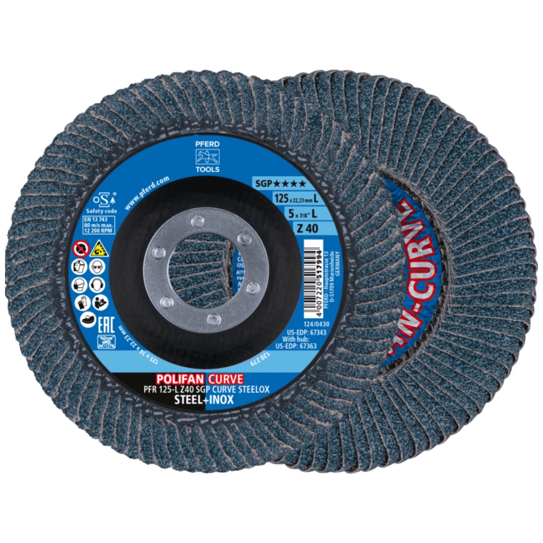 PFERD TOOLS POLIFAN CURVE Fächerscheibe PFR 125x22,23 mm Breite L Z40 SGP STEELOX für Stahl/Edelstahl (10)