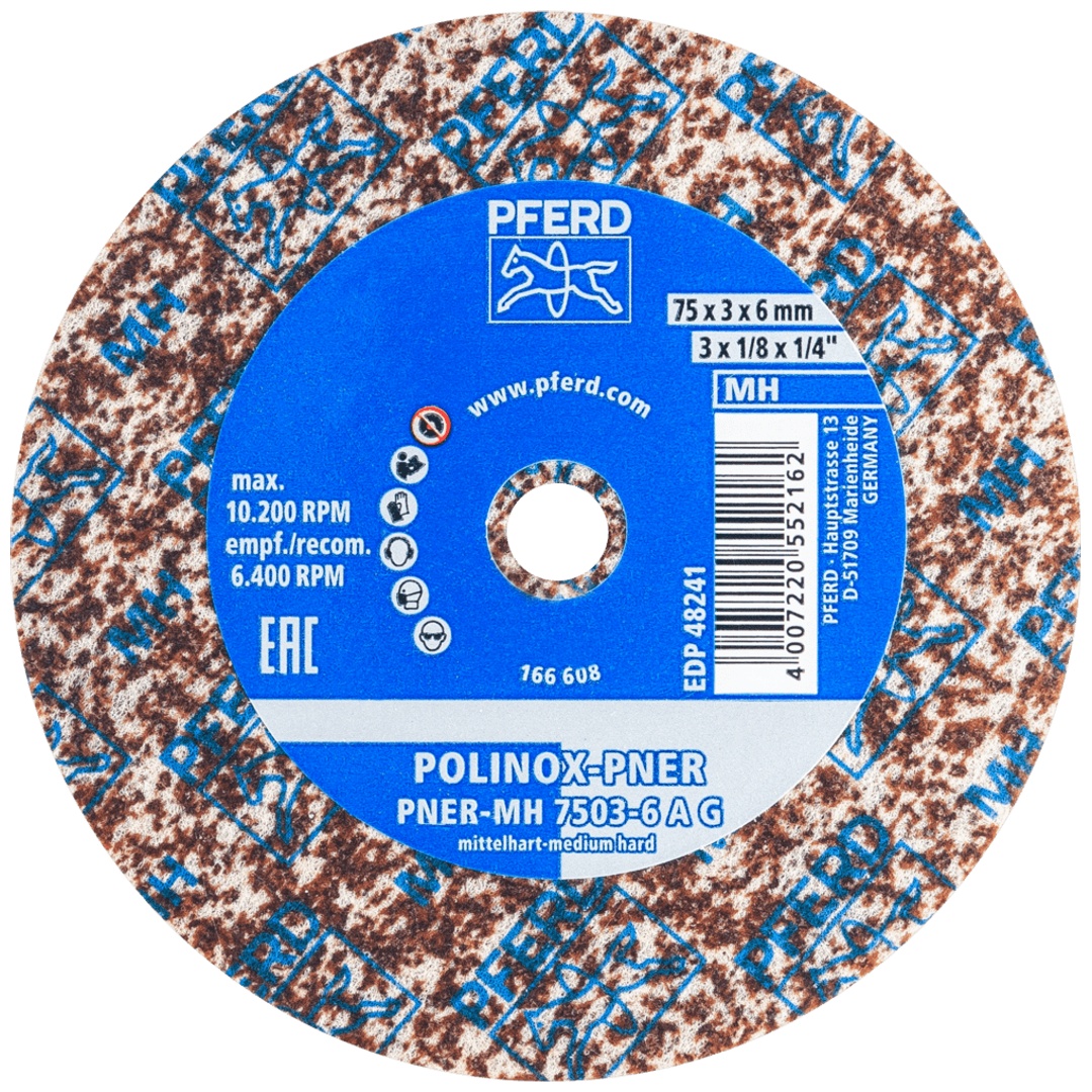 PFERD TOOLS POLINOX verpresstes Vlies-Rad PNER Ø 75x3 mm Bohrung-Ø 6 mm Mittelhart A Grob für Finish