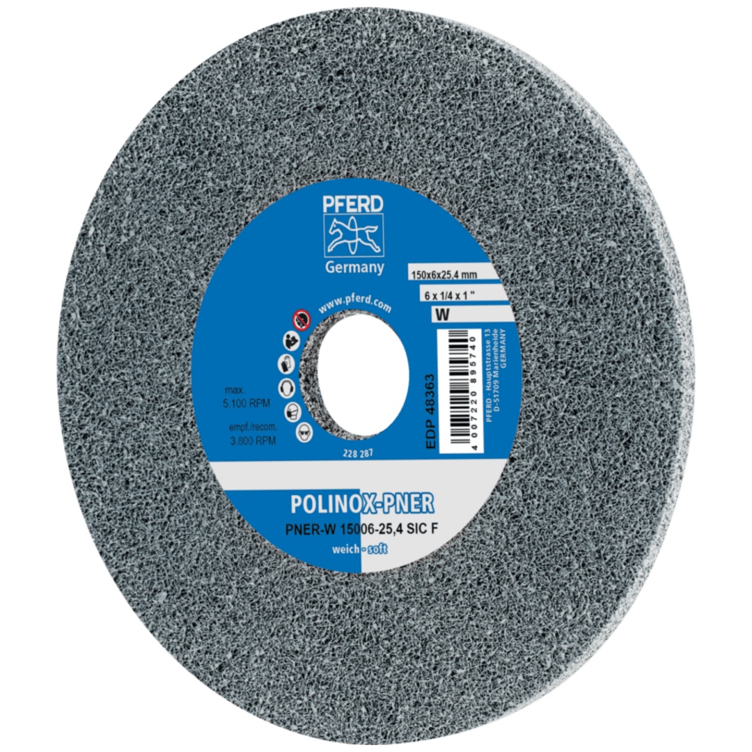 PFERD TOOLS POLINOX verpresstes Vlies-Rad PNER Ø 150x6 mm Bohrung-Ø 25,4 mm Weich SIC Fein für Finish