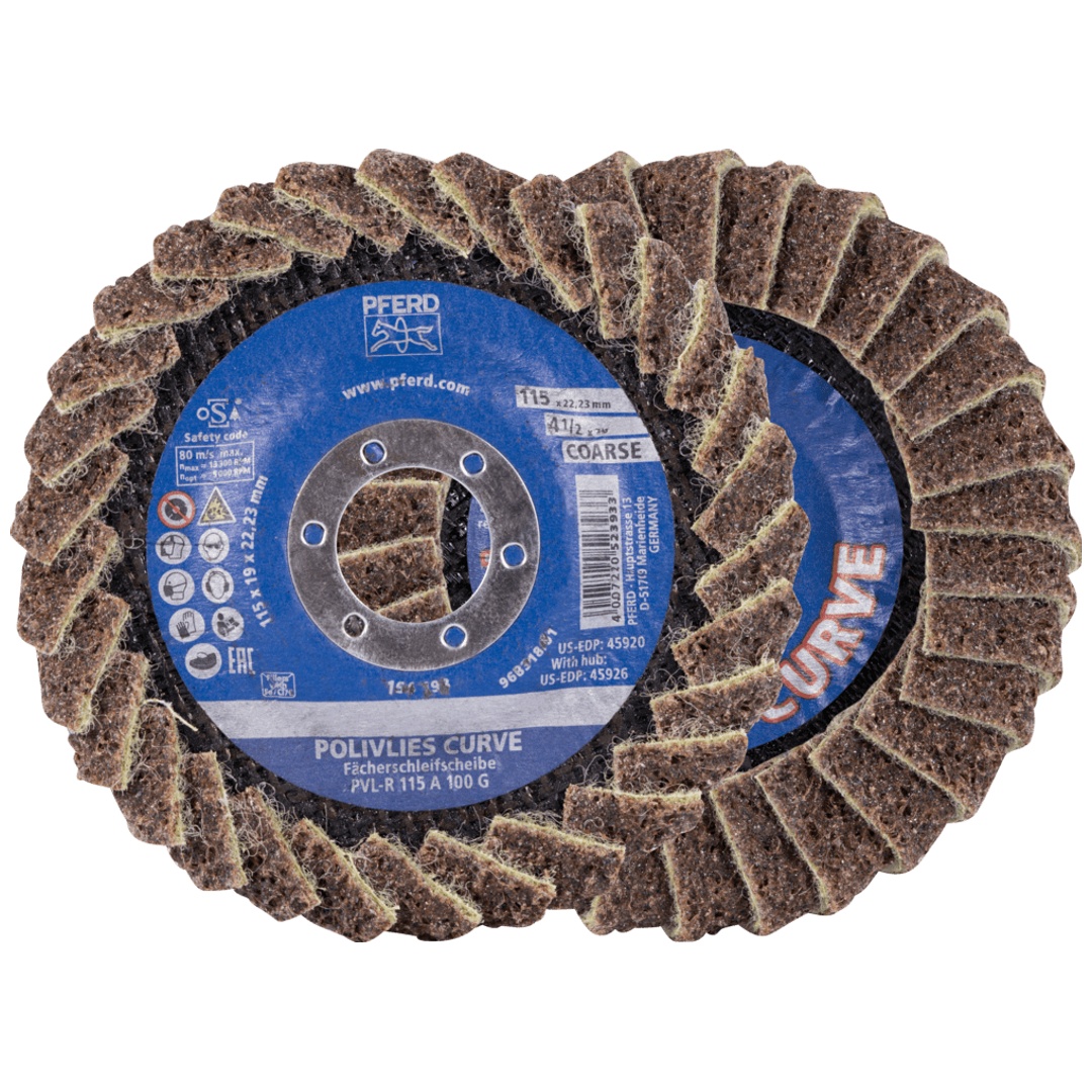 PFERD TOOLS POLIVLIES-CURVE Lamellenscheibe PVL-R Korund Ø 115 mm Bohrung 22,23 mm A100G für Feinschliff für Kehlnahtbearbeitung