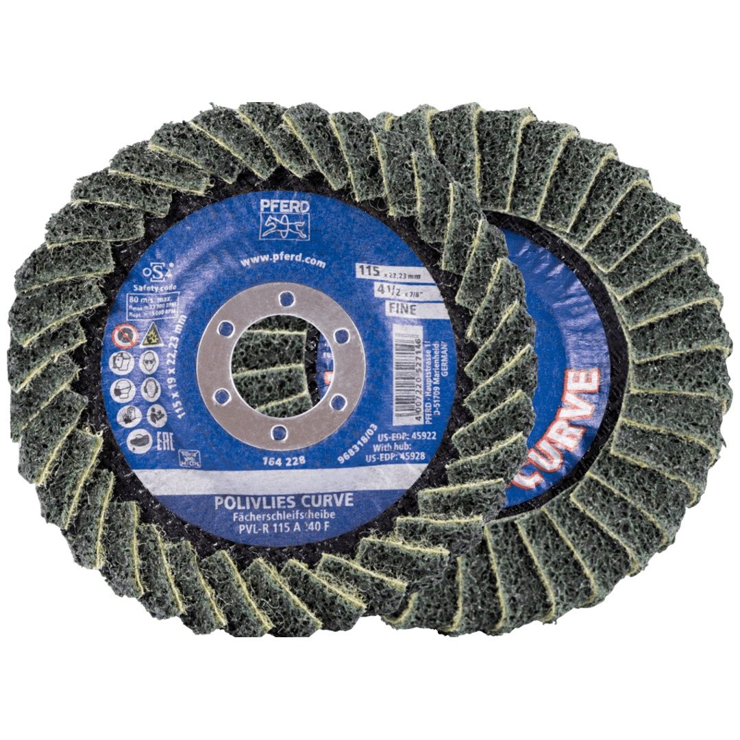 PFERD TOOLS POLIVLIES-CURVE Lamellenscheibe PVL-R Korund Ø 115 mm Bohrung 22,23 mm A240M für Feinschliff für Kehlnahtbearbeitung
