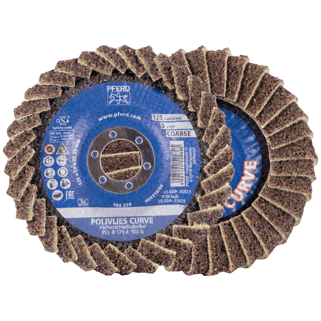 PFERD TOOLS POLIVLIES-CURVE Lamellenscheibe PVL-R Korund Ø 125 mm Bohrung 22,23 mm A100G für Feinschliff für Kehlnahtbearbeitung