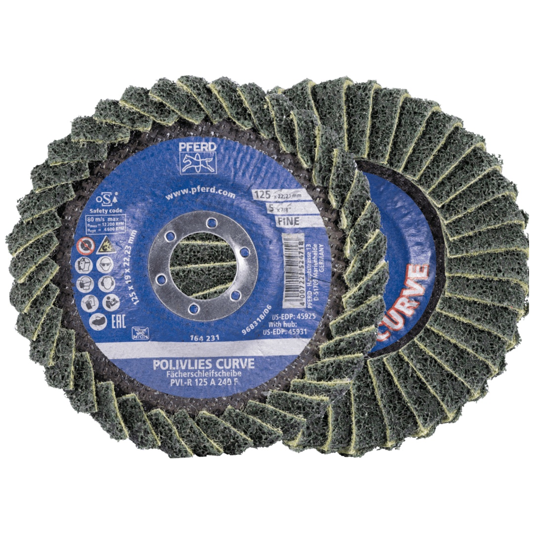 PFERD TOOLS POLIVLIES-CURVE Lamellenscheibe PVL-R Korund Ø 125 mm Bohrung 22,23 mm A240M für Feinschliff für Kehlnahtbearbeitung