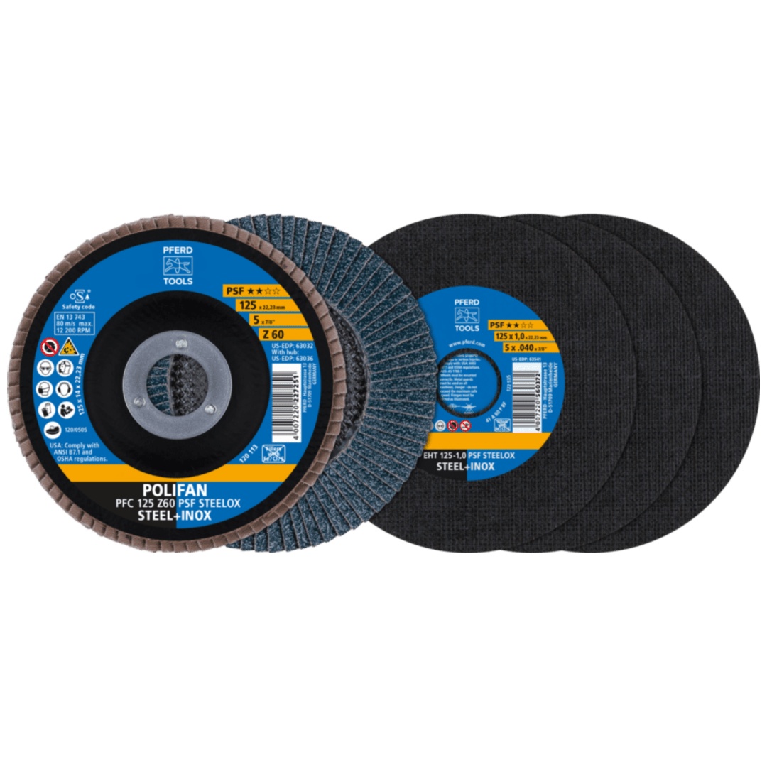 PFERD TOOLS Trenn-/Fächerscheiben-Set 125 Universallinie PSF STEELOX EHT 1,0/PFC Z60 für Stahl/Edelstahl