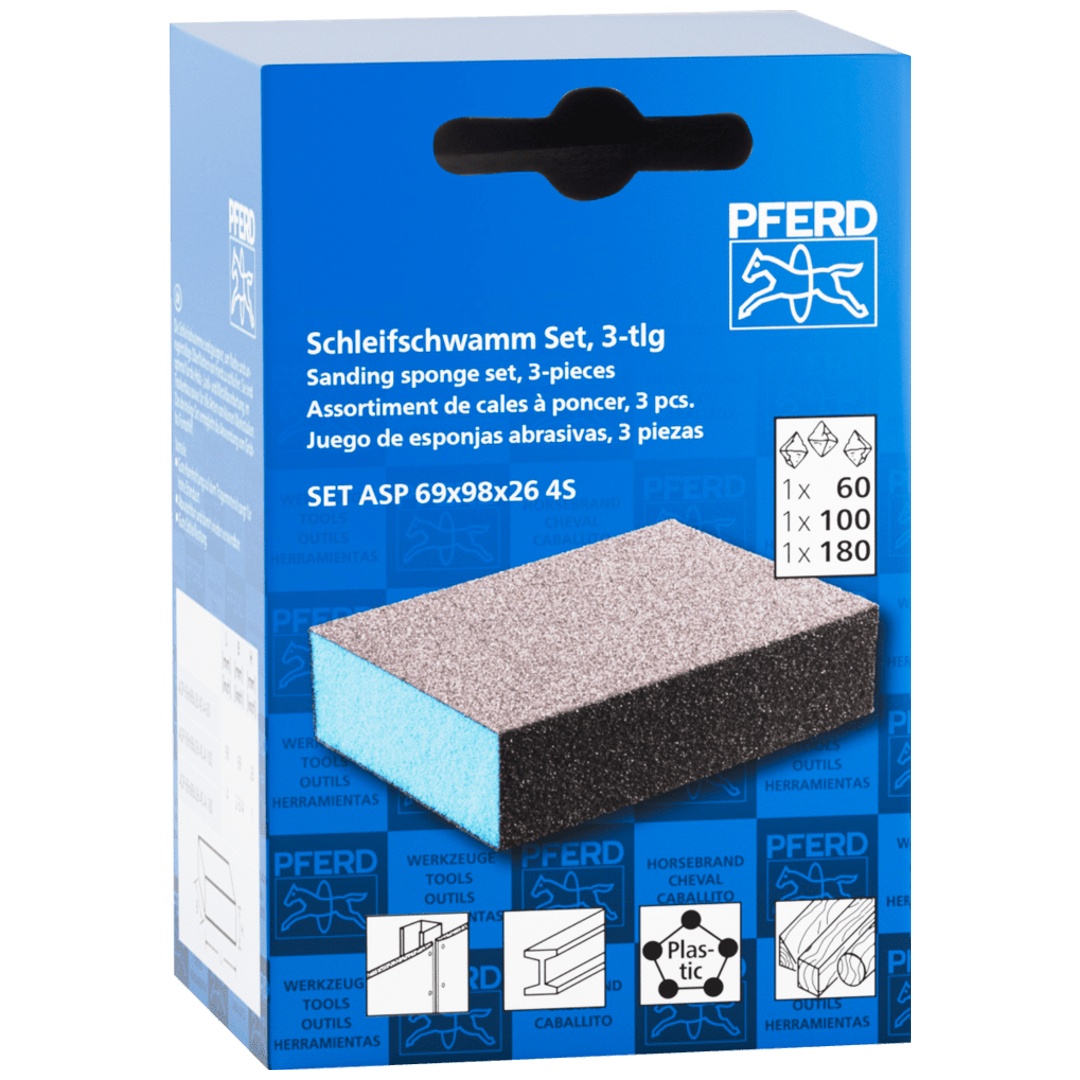 PFERD TOOLS Wasserfester Schleifschwamm Set 69x98x26 mm A60,A100,A180 vierseitig für universelle Anwendung