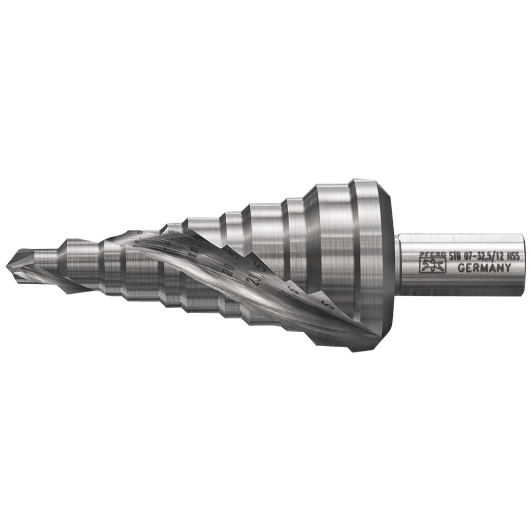 PFERD TOOLS Stufenbohrer HSS 11 Bohrstufen Ø 7-32,5 mm 3-Flächenschaft-Ø 12 mm, abgestimmt auf die gängigen Durchmesser von Kabelrohrverschraubungen