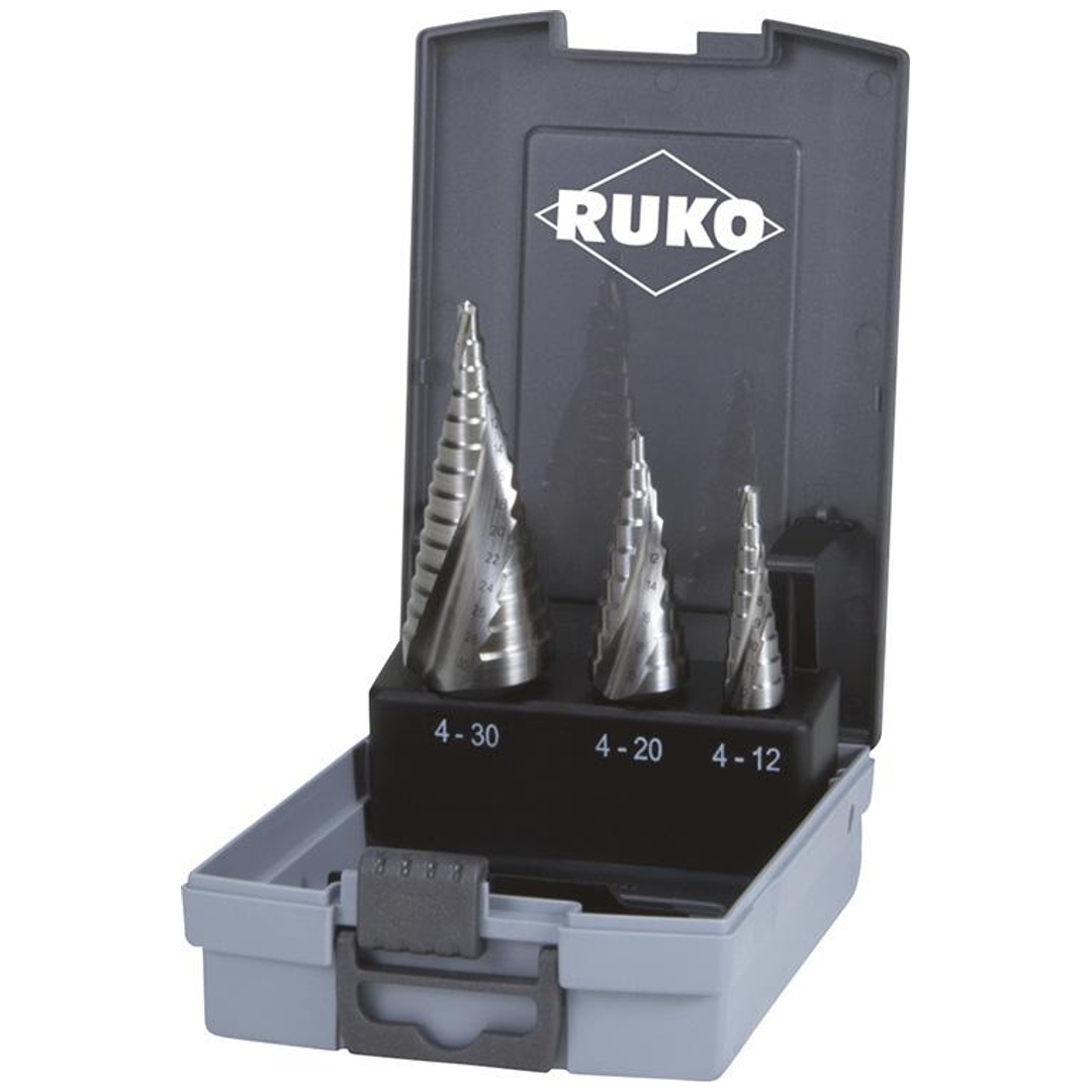 RUKO Stufenbohrer-Satz HSS spiralgenutet 3tlg. 4-12/4-20/4-30mm Ku- Kassette