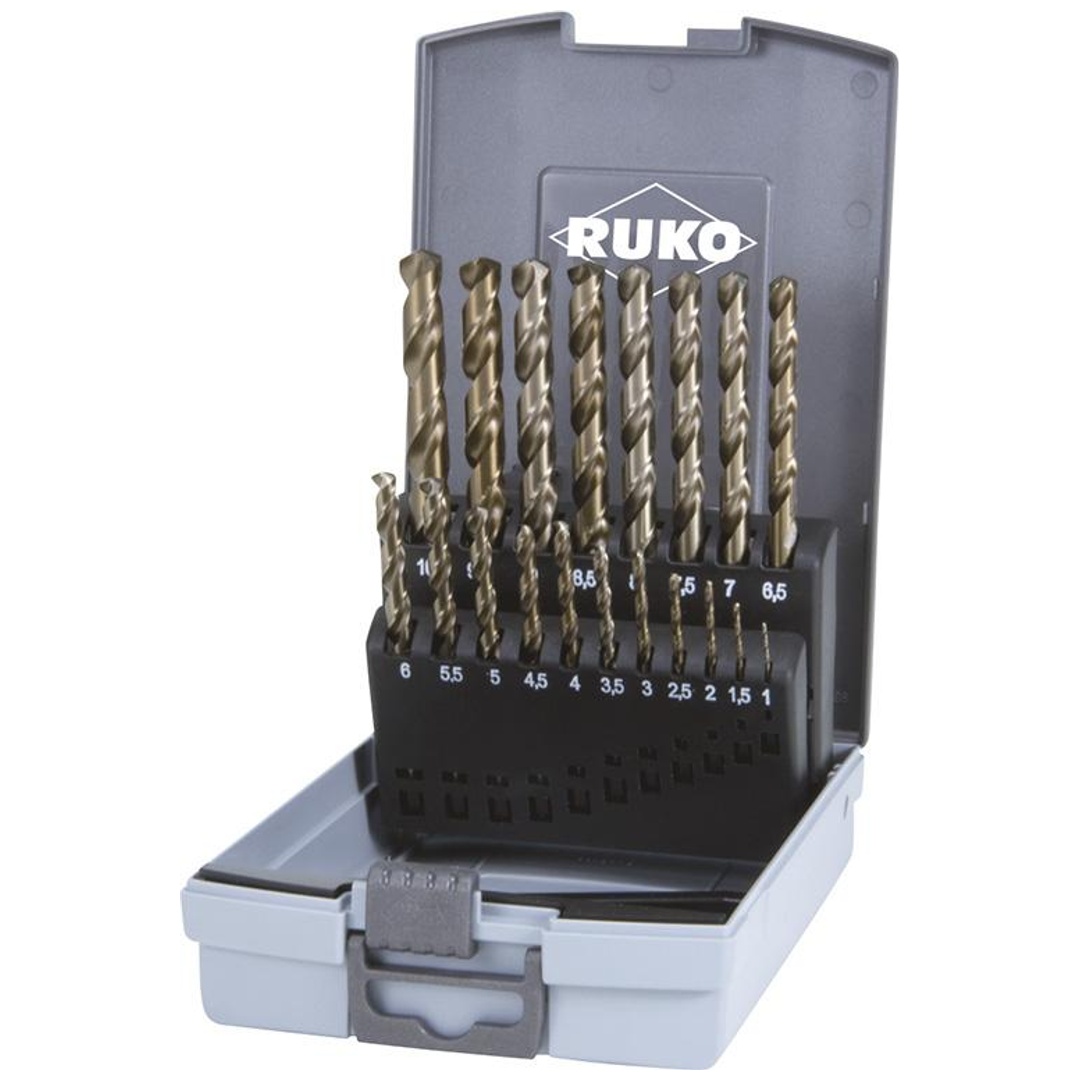 RUKO Spiralbohrer-Satz DIN338 HSS-Co5 D.1-10mm 0,5mm stg. Ku-Kassette 19tlg.