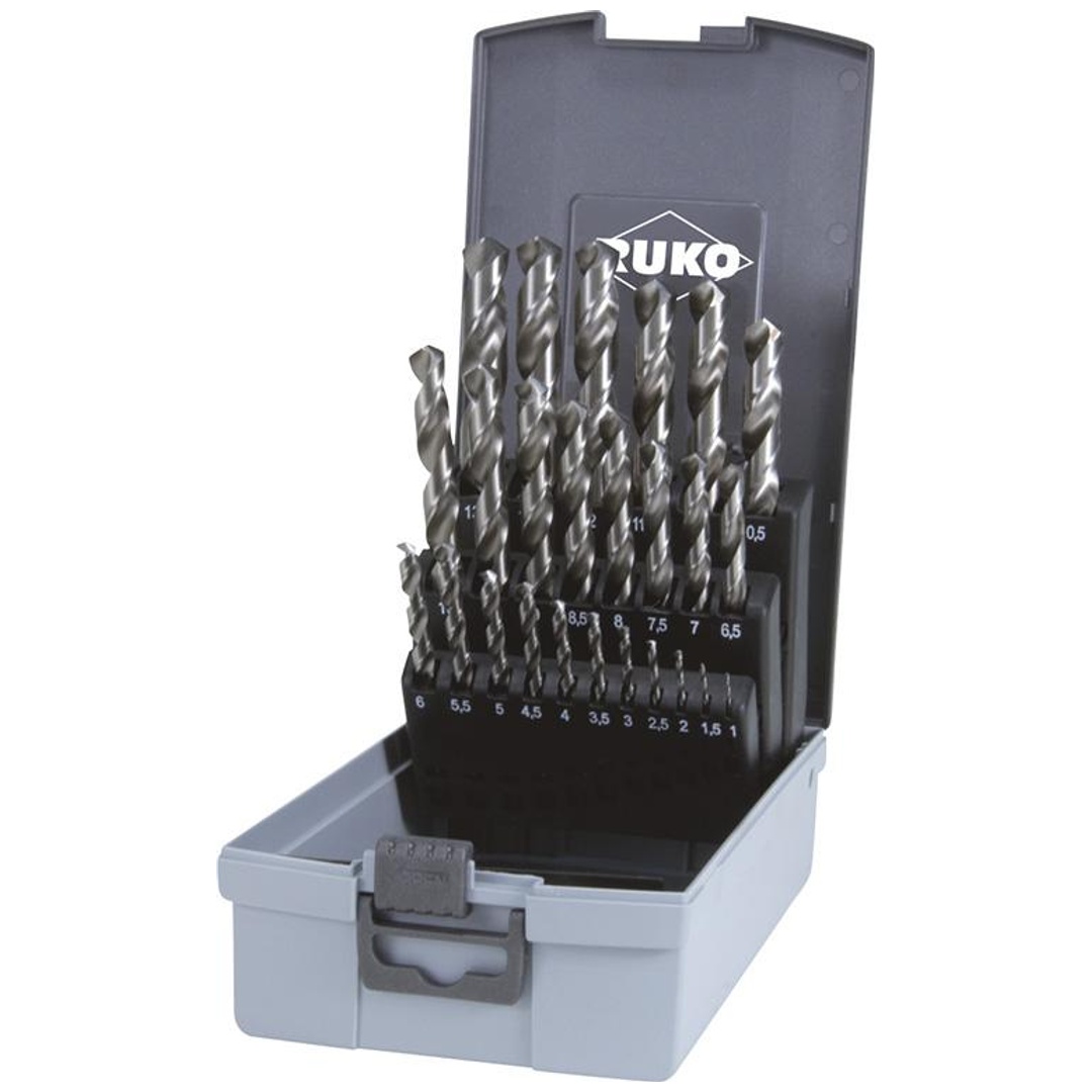 RUKO Spiralbohrer-Satz DIN338 Typ N HSS D.1-13mm 0,5mm stg. Ku-Kassette 25tlg.