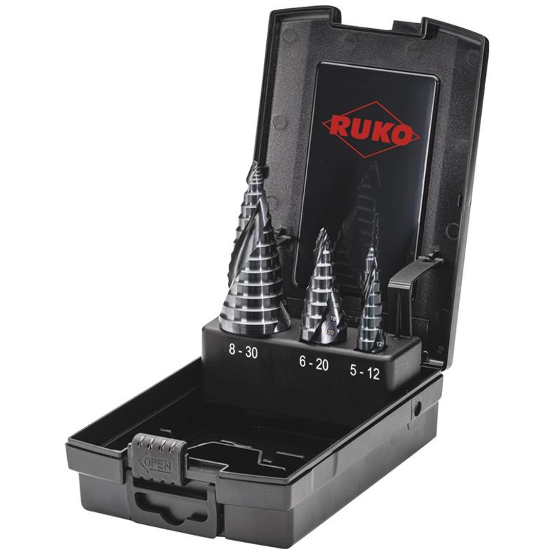 RUKO Stufenbohrer-Satz HSS spiralgenutet 3tlg. 5-12/6-20/8-30mm Ku- Kassette ULTIMATECUT