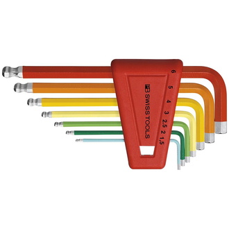Swiss Tools Winkelschraubendreher- Satz im Kunststoffhalter 7-teilig 1,5-6mm Rainbow Kugelkopf, farbcodiert