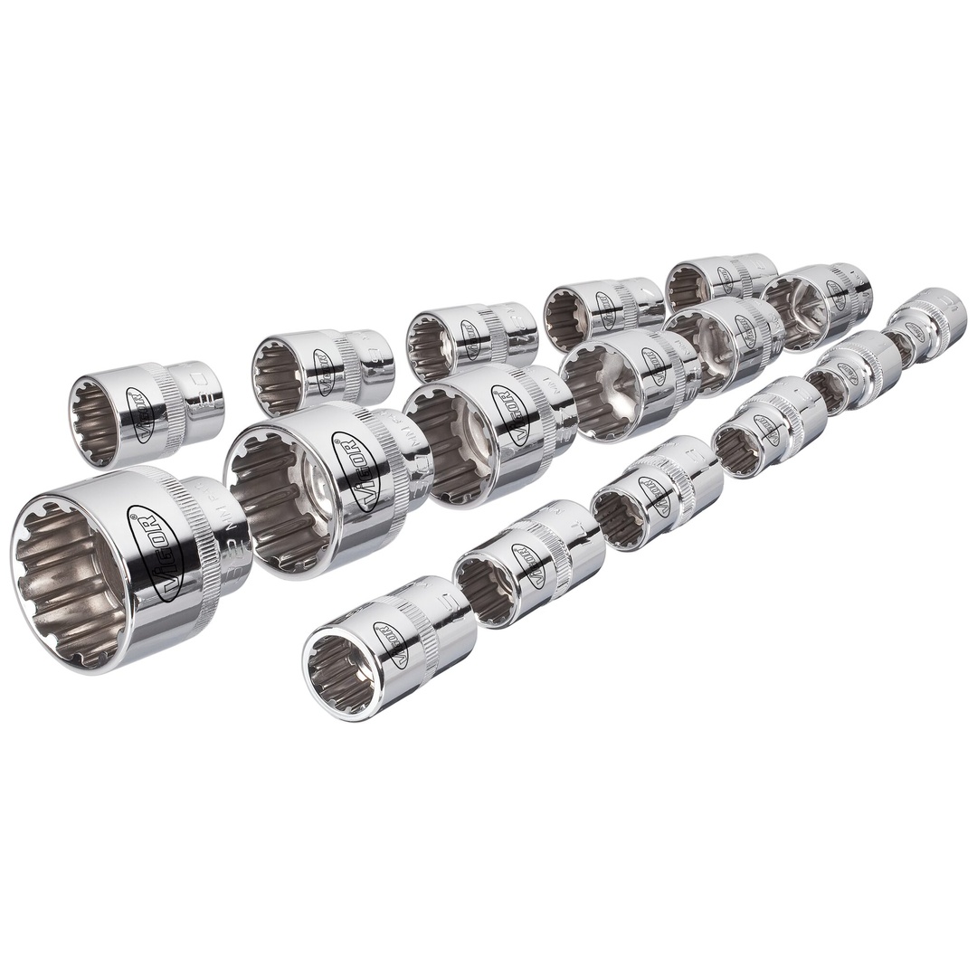VIGOR Steckschlüsseleinsatz Satz, 1/2 (12,5 mm) Vierkant hohl, Multiprofil, 17-tlg., 10 - 32, Anzahl Werkzeuge: 17
