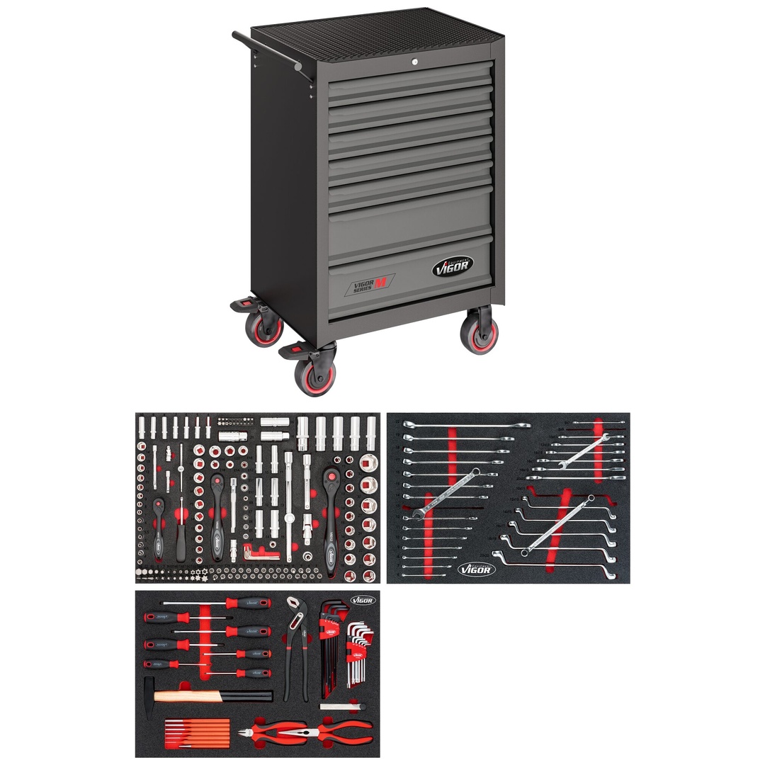 VIGOR Werkstattwagen Series M, mit Sortiment, 238-tlg., Anzahl Werkzeuge: 238