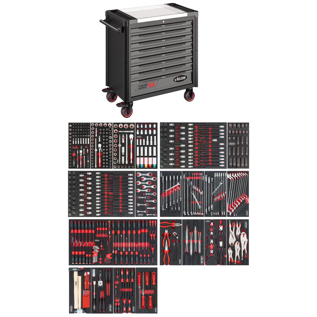 VIGOR Werkstattwagen Series XL, Edelstahl-Arbeitsplatte, mit Sortiment, 514-tlg., Anzahl Werkzeuge: 514