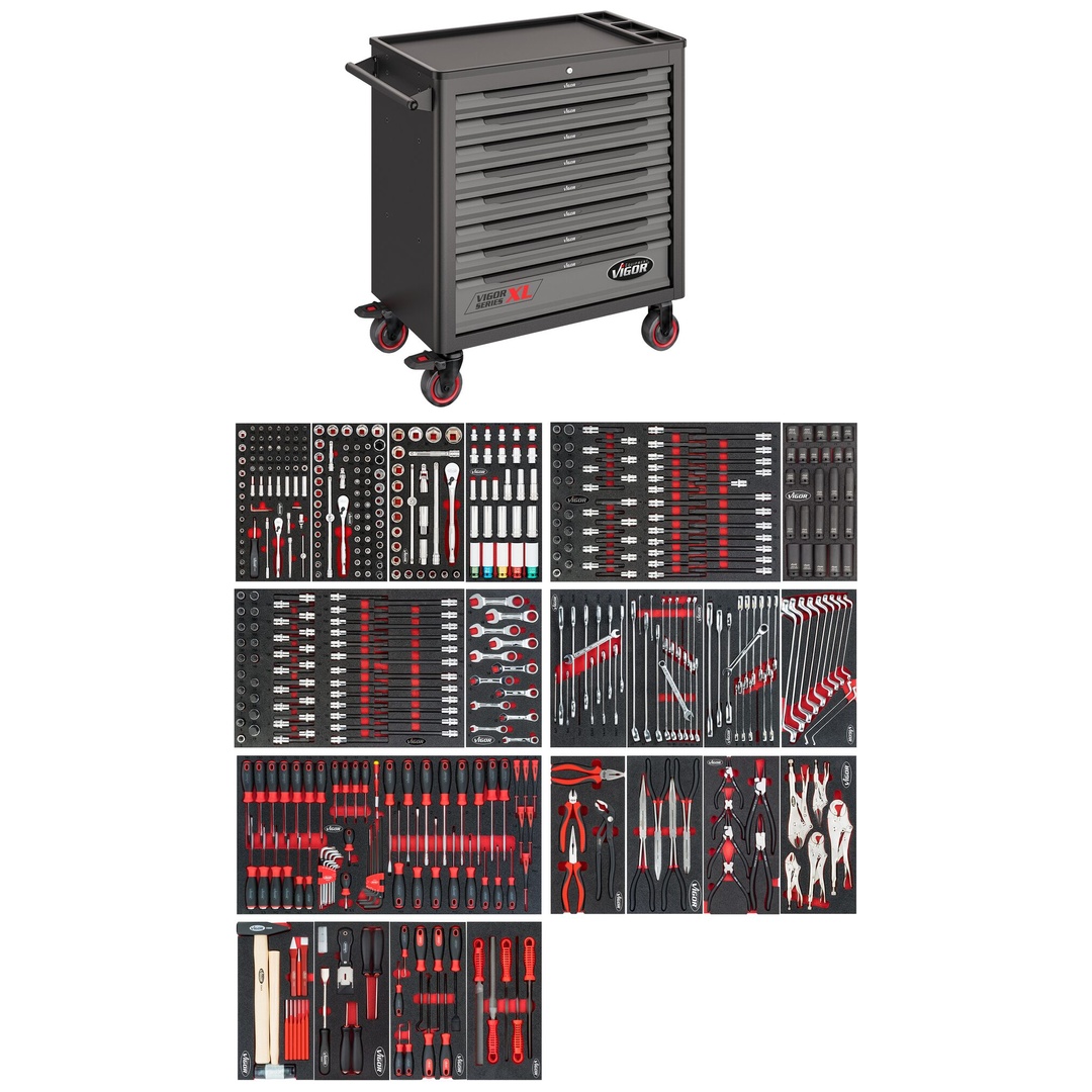 VIGOR Werkstattwagen Series XL, Kunststoff-Arbeitsplatte, mit Sortiment, 499-tlg., Anzahl Werkzeuge: 499