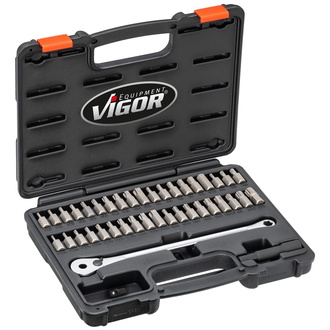 VIGOR Ratschenschlüssel, Bit Satz, 3/8" (10 mm) Sechskant massiv, Tamper Resistant TORX Profil, Innen TORX Profil, Innen Sechskant Profil, Innen Vielz