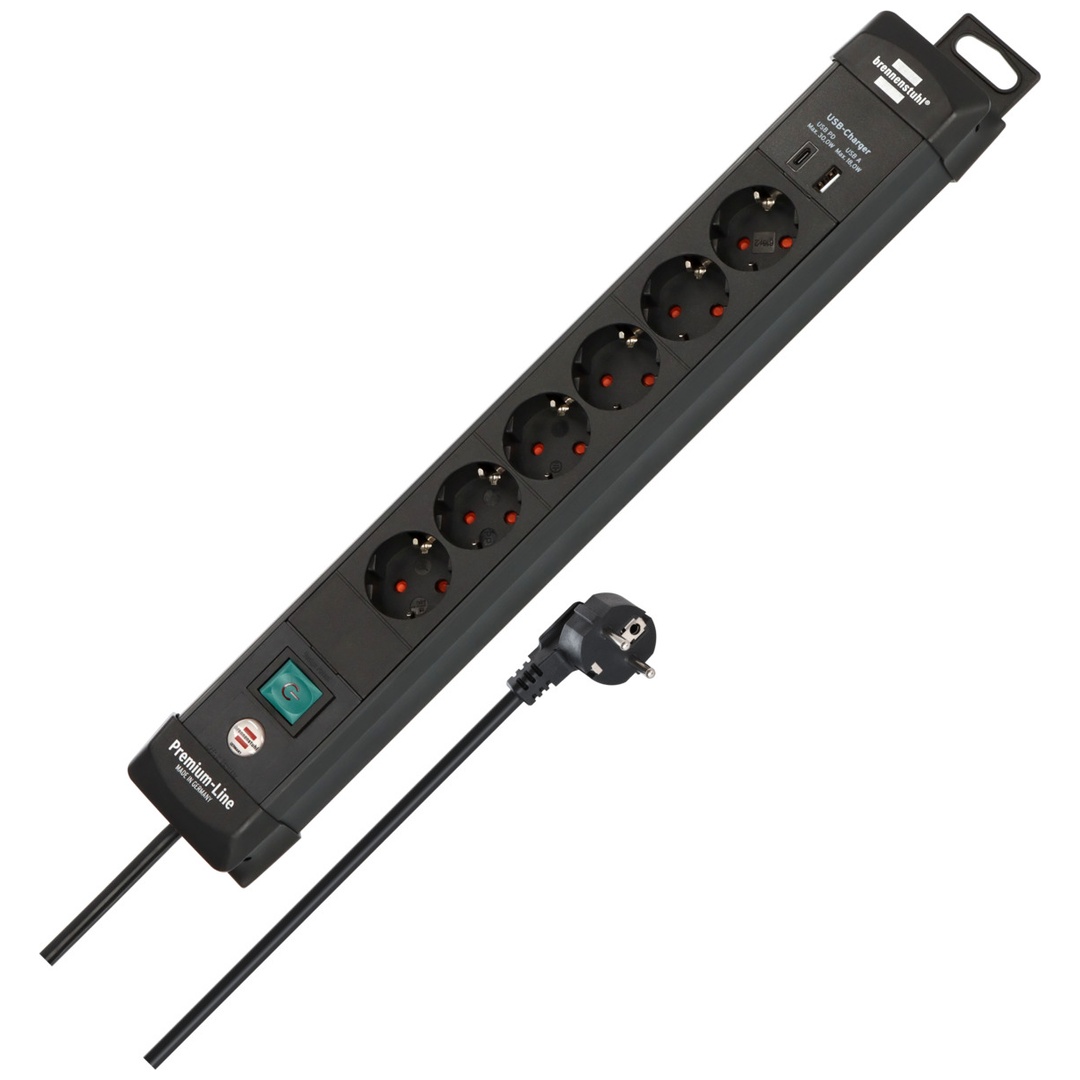 Brennenstuhl Premium-Line Steckdosenleiste 6-fach mit USB C PD 30W und USB A 18W schwarz 3m H05VV-F 3G1,5