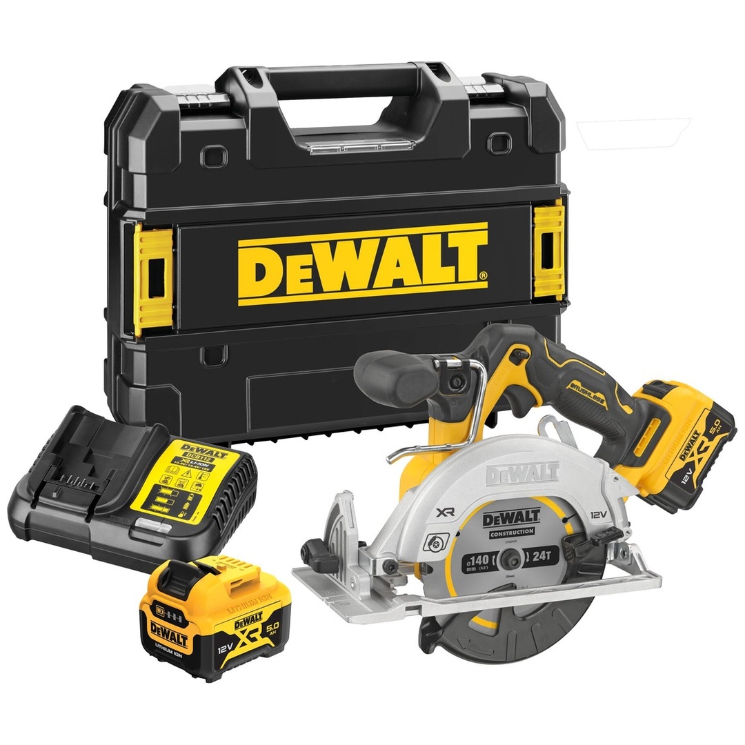 DeWalt Akku-Handkreissäge 12 V, 47 mm, incl. 2x Akku 5 Ah, Schnellladegerät, Sägeblatt, Zubehör, TSTAK-Box