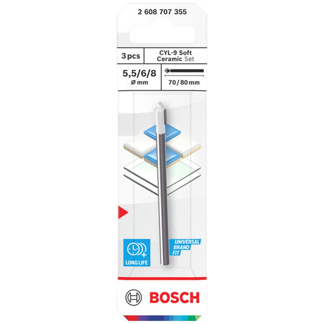 Bosch Ceramic Bohrer-Set CYL-9  Soft, 5,5 x 70 / 6 x 80 / 8 x 80 mm, 3-tlg.