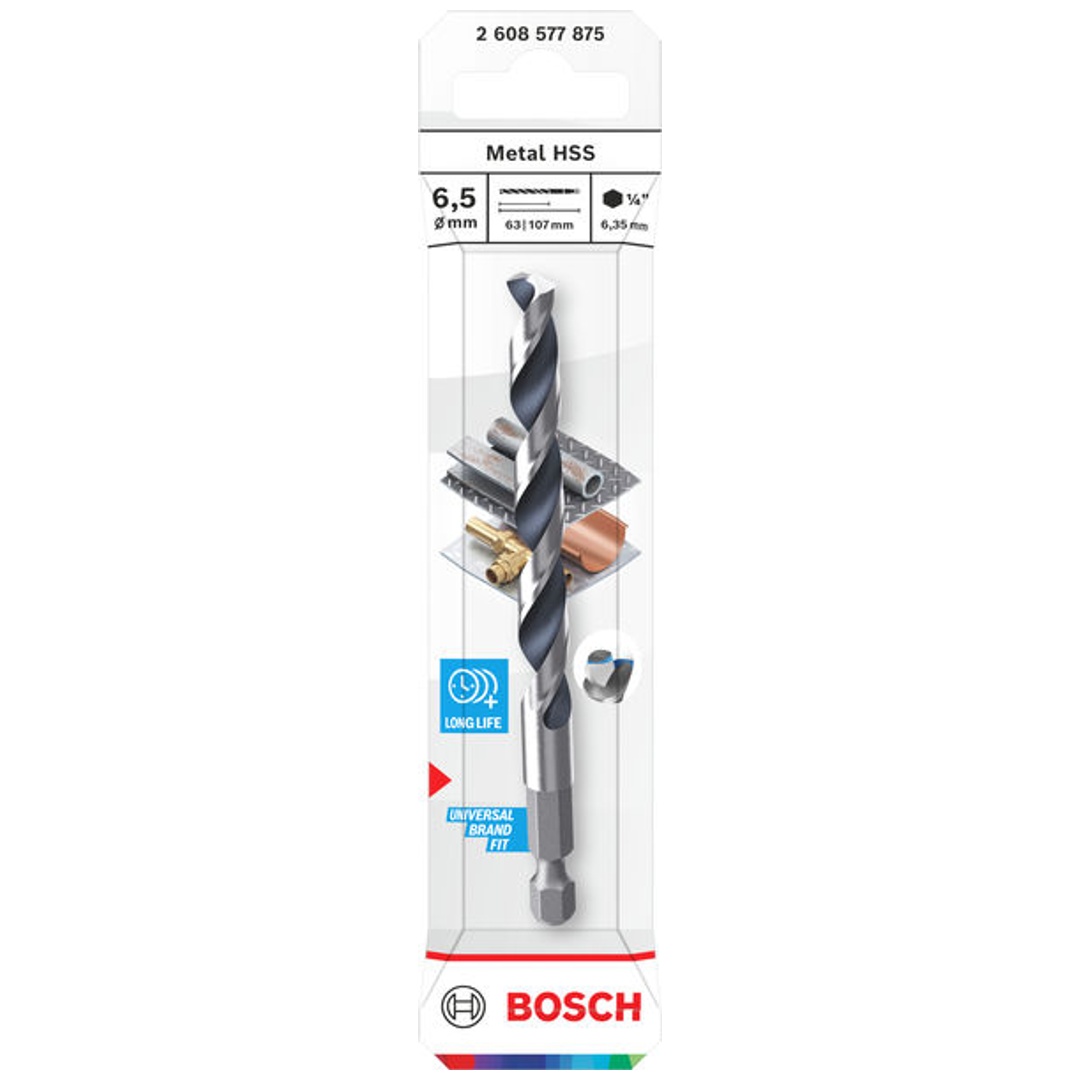Bosch Metal-Spiralbohrer HSS, 6,5 x 63 x 107 mm, HEX 1/4 Schaft