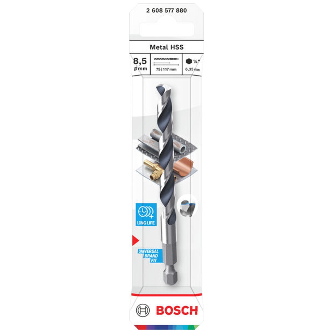 Bosch Metal-Spiralbohrer HSS, 8,5 x 75 x 117 mm, HEX 1/4 Schaft