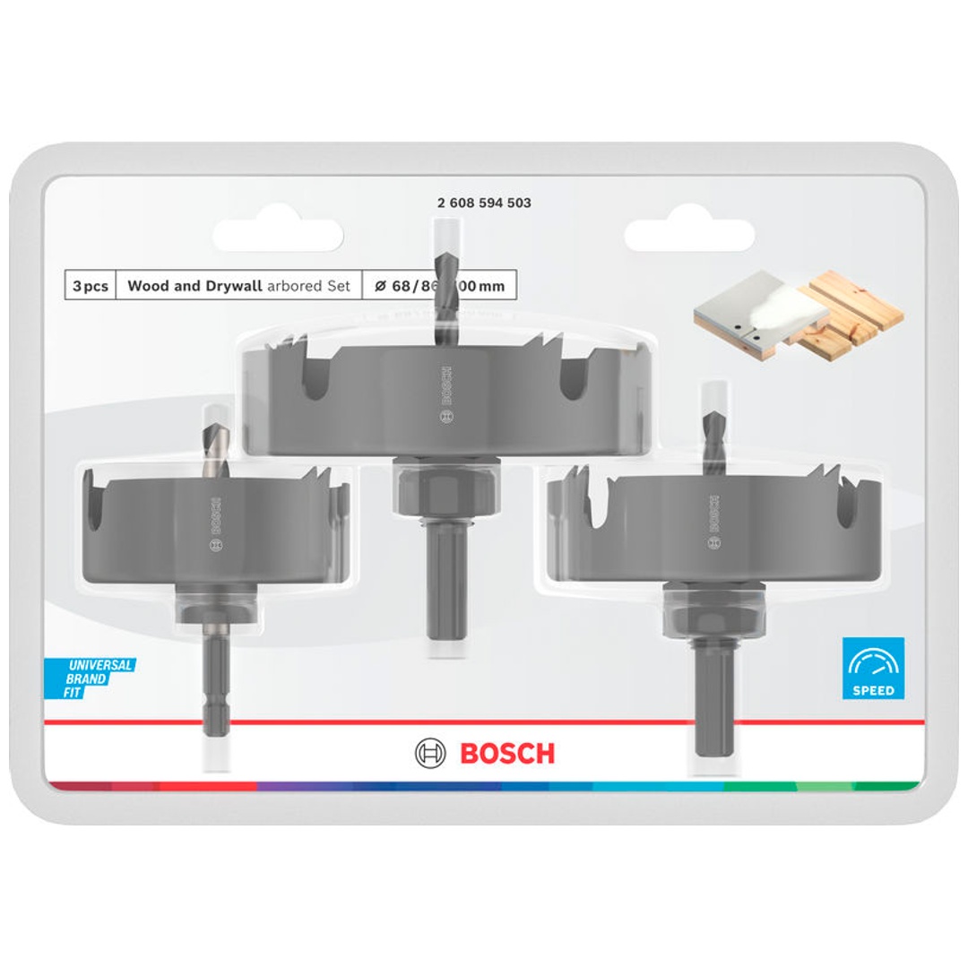 Bosch Lochsägen-Set mit Aufsteckhalter Wood and Drywall+Zentrierbohrer, 68/86/100x27mm