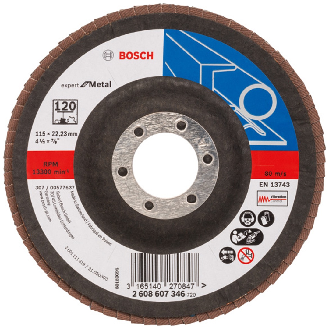 Bosch Fächerschleifscheibe X551, Expert for Metal, gewinkelt , 115 mm, 120, Glasgewebe