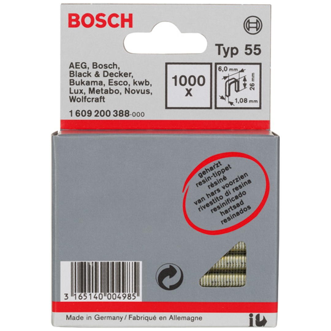 Bosch Schmalrückenklammer Typ 55 geharzt, 26, 1000er-Pack, für Druckluftnagler/Drucklufthefter