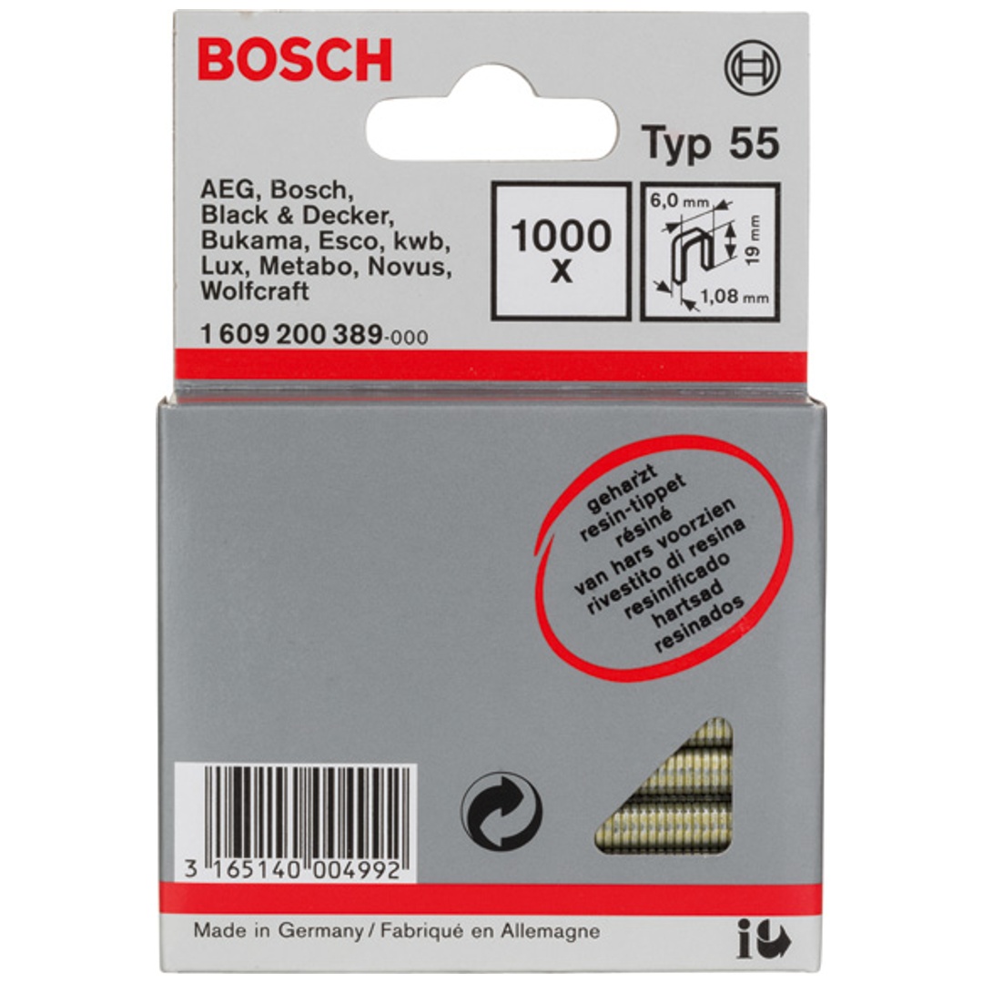 Bosch Schmalrückenklammer Typ 55 geharzt, 19, 1000er-Pack, für Druckluftnagler/Drucklufthefter