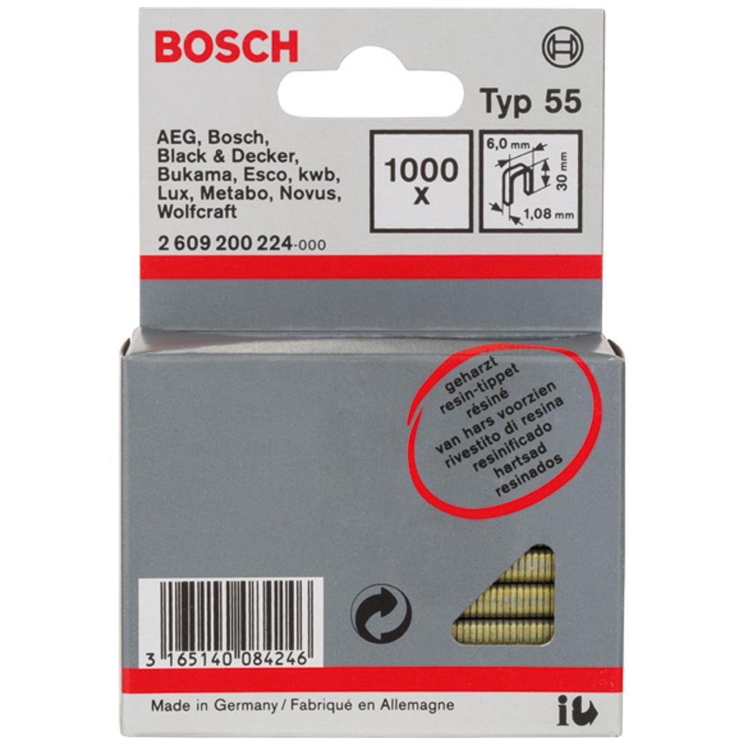 Bosch Schmalrückenklammer Typ 55 geharzt, 30, 1000er-Pack, für Druckluftnagler/Drucklufthefter